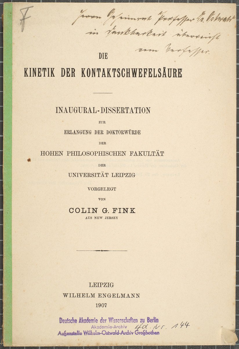 Dissertation; Fink, Colin G.; Leipzig, 1907 (Gerda und Klaus Tschira Stiftung CC BY-NC-ND)
