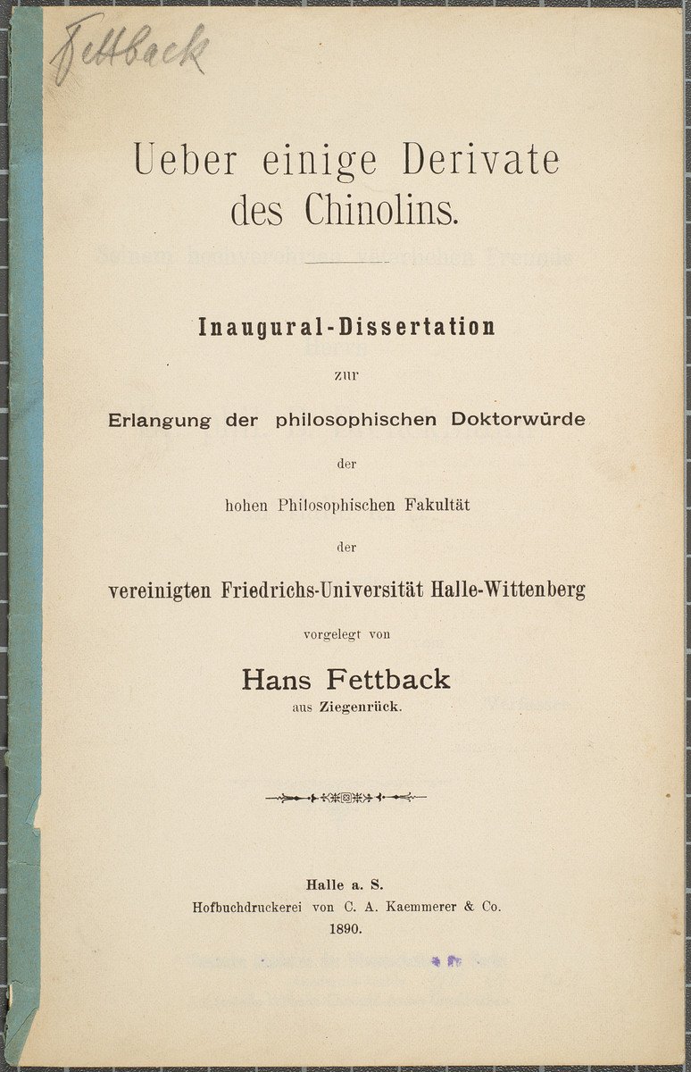 Dissertation; Fettback, Johannes; Halle/Saale, 1890 (Gerda und Klaus Tschira Stiftung CC BY-NC-ND)
