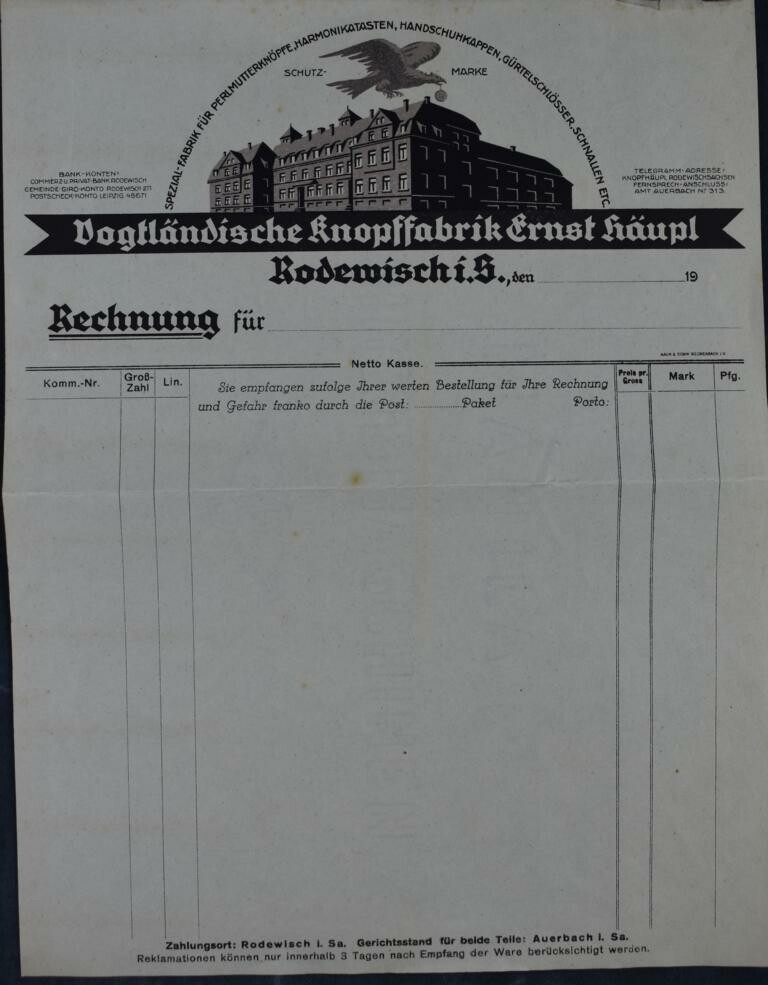 Rechnungsformular mit Briefkopf "Vogtl. Knopffabrik Ernst Häupl Rodewisch" (Perlmutter- und Heimatmuseum Adorf CC BY-NC-SA)