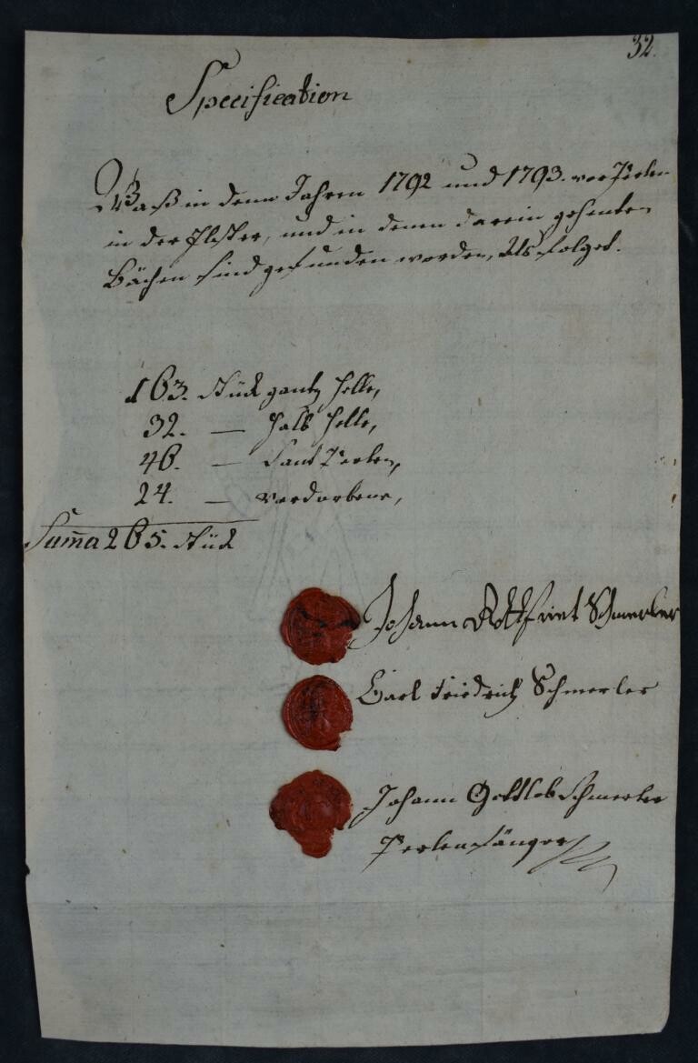 Originaldokument "Specification der Perlenfischer Schmerler 1792 und 1793" (Perlmutter- und Heimatmuseum Adorf CC BY-NC-SA)
