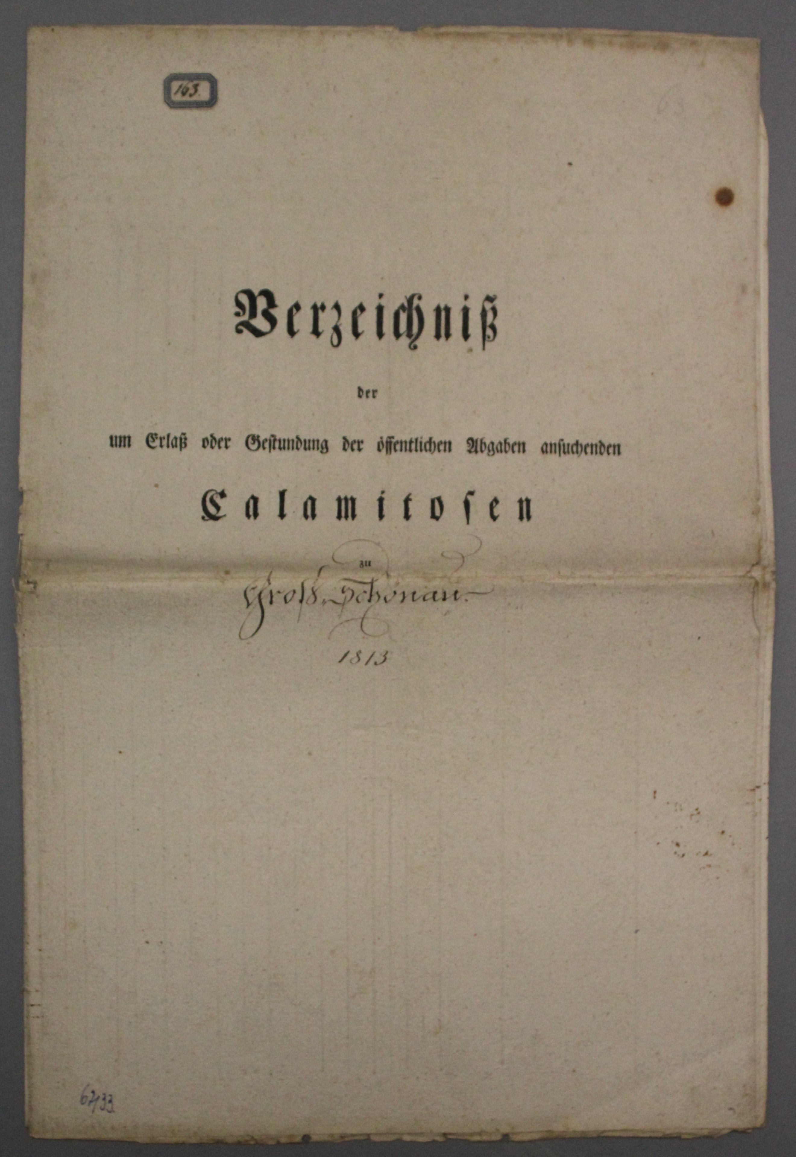 Verzeichnis Stundung Calamitosen 1813 (Deutsches Damast- und Frottiermuseum CC BY-NC-SA)