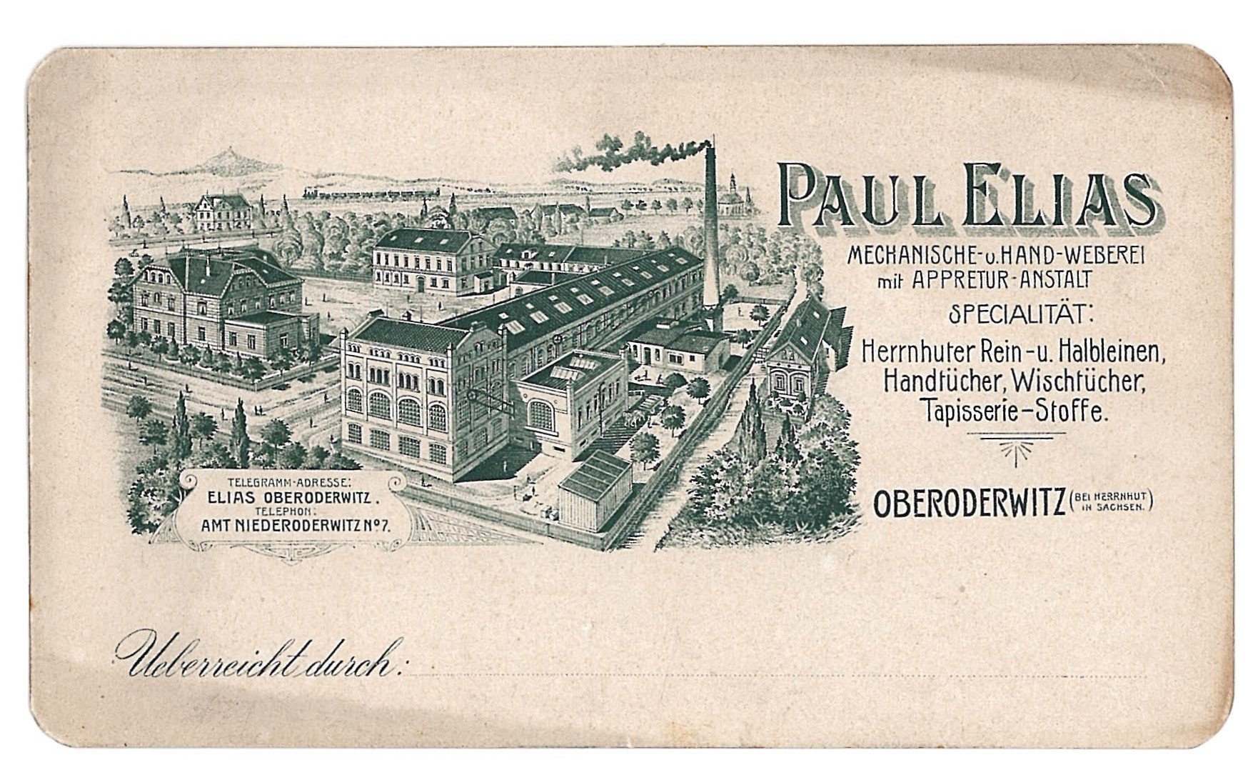Visitenkarte der Firma Paul Elias Leinen- und Frottierwebrei Oberoderwitz (Deutsches Damast- und Frottiermuseum CC BY-NC-SA)