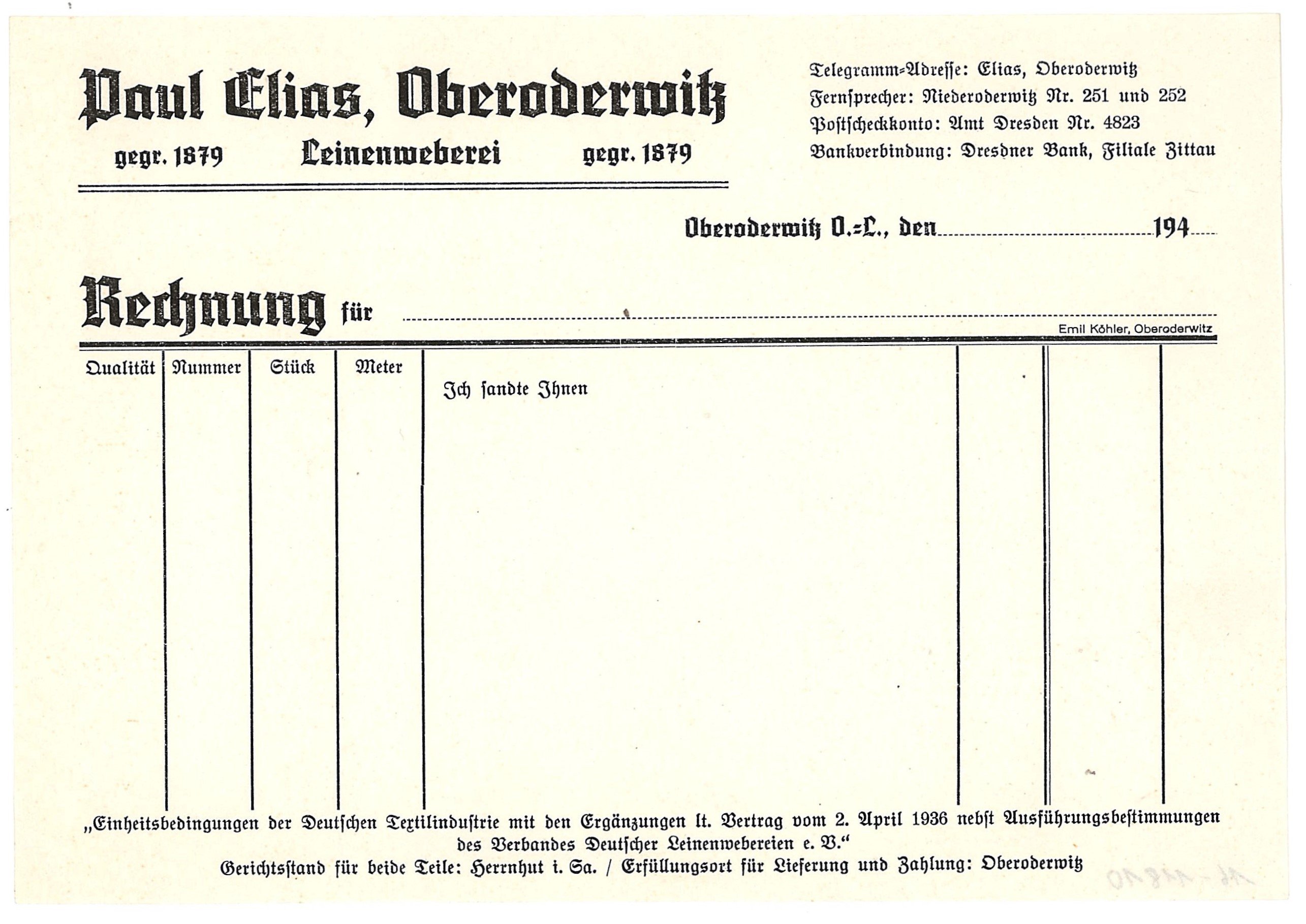 Rechnung der Firma Paul Elias Leinen- und Frottierwebrei Oberoderwitz (Deutsches Damast- und Frottiermuseum CC BY-NC-SA)