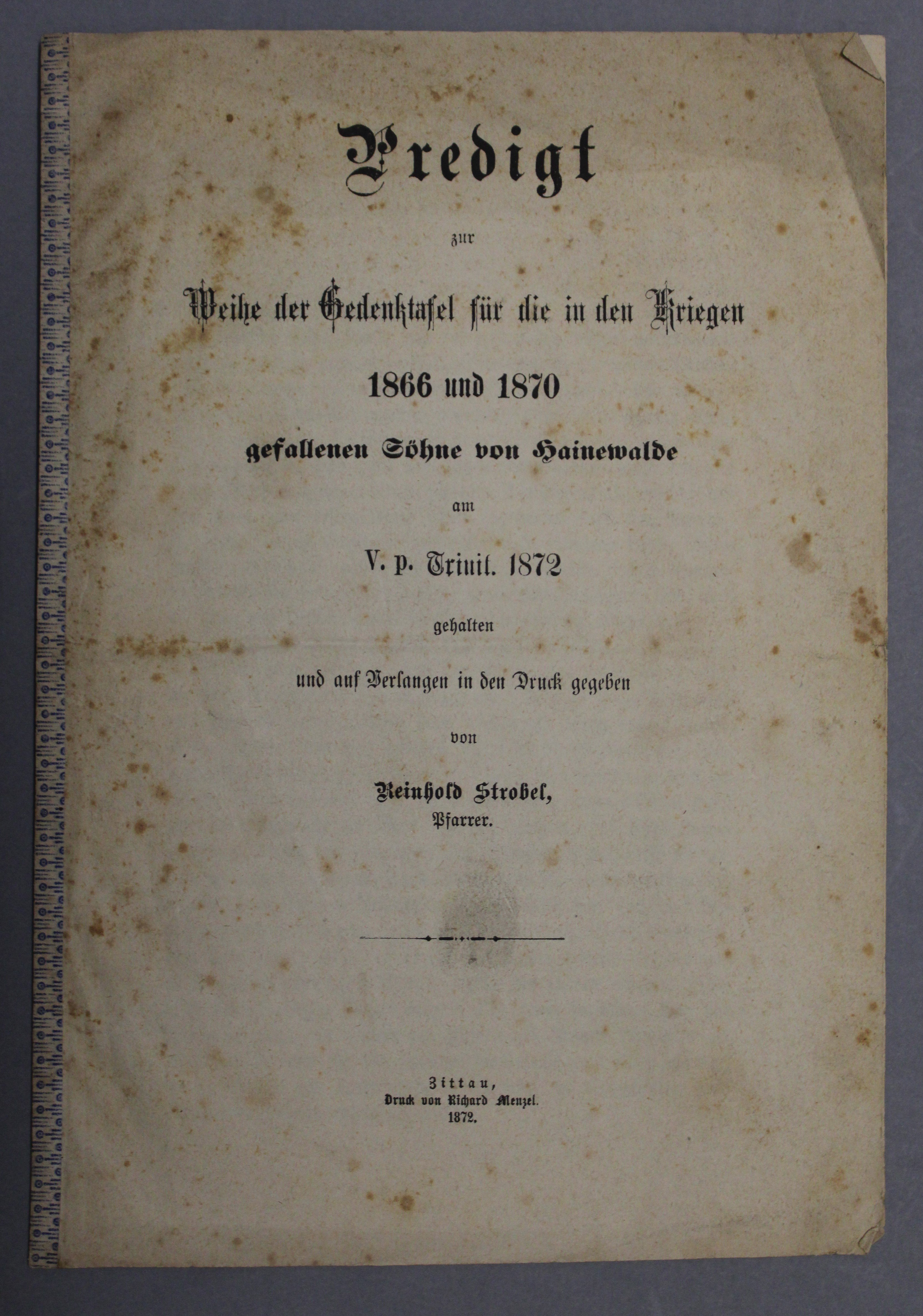 Predigt Weihe Gedenktafel für gefallene 1866 und 1870 in Hainewalde (Deutsches Damast- und Frottiermuseum CC BY-NC-SA)
