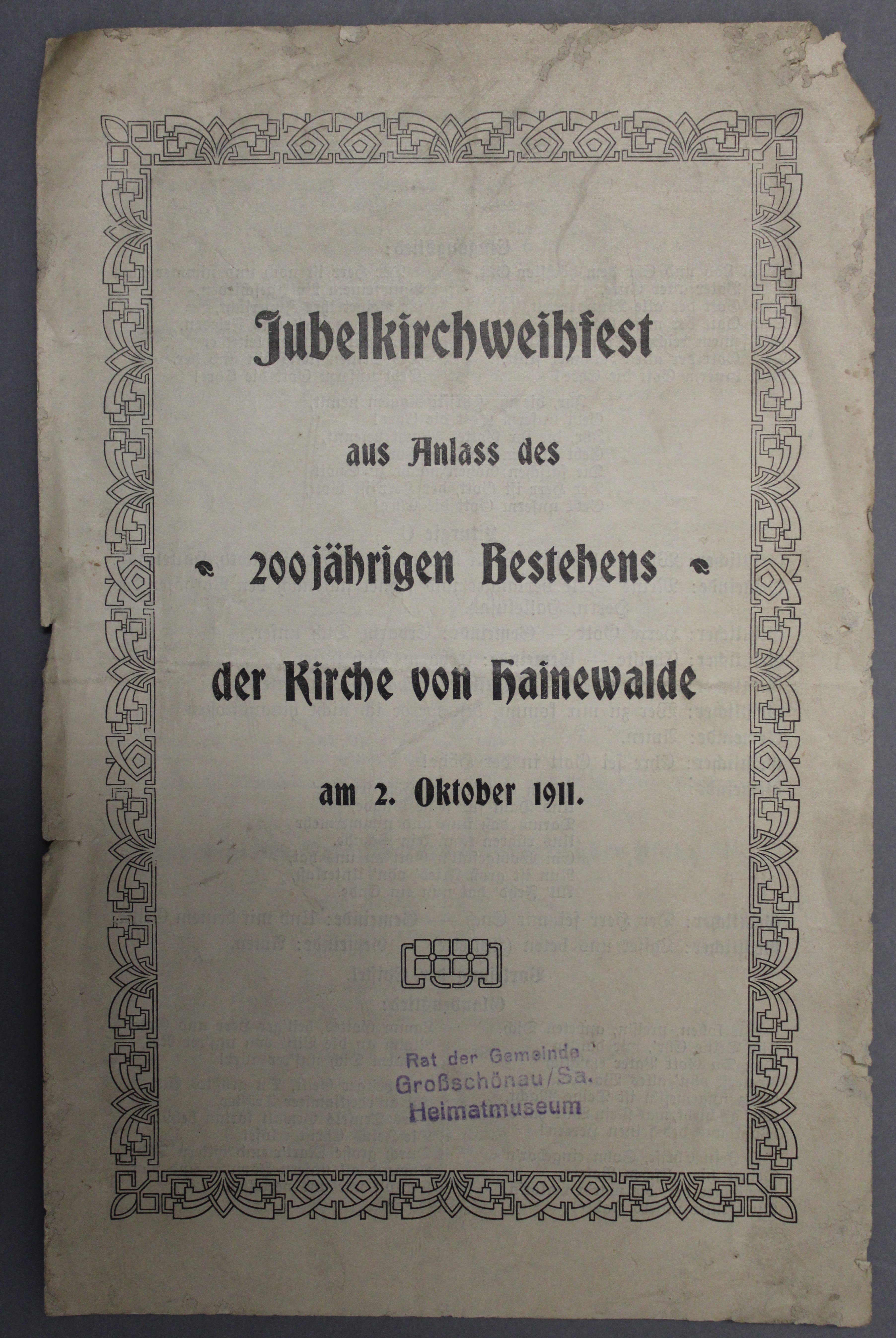 Ablaufplan zum 200 jährigen Bestehen der Kirche Hainewalde (Deutsches Damast- und Frottiermuseum CC BY-NC-SA)