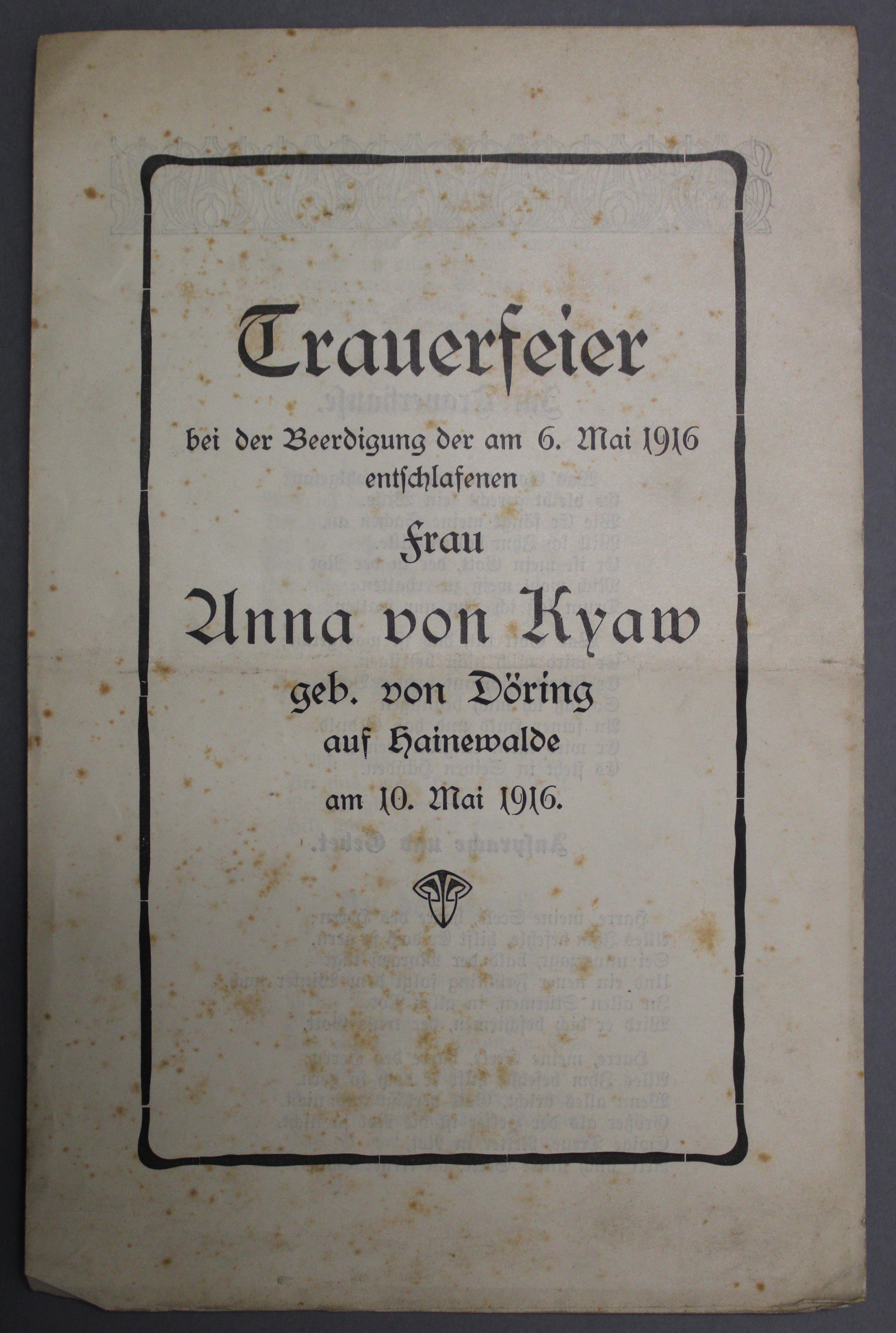 Ablaufplan Trauerfeier Anna von Kyaw (Deutsches Damast- und Frottiermuseum CC BY-NC-SA)