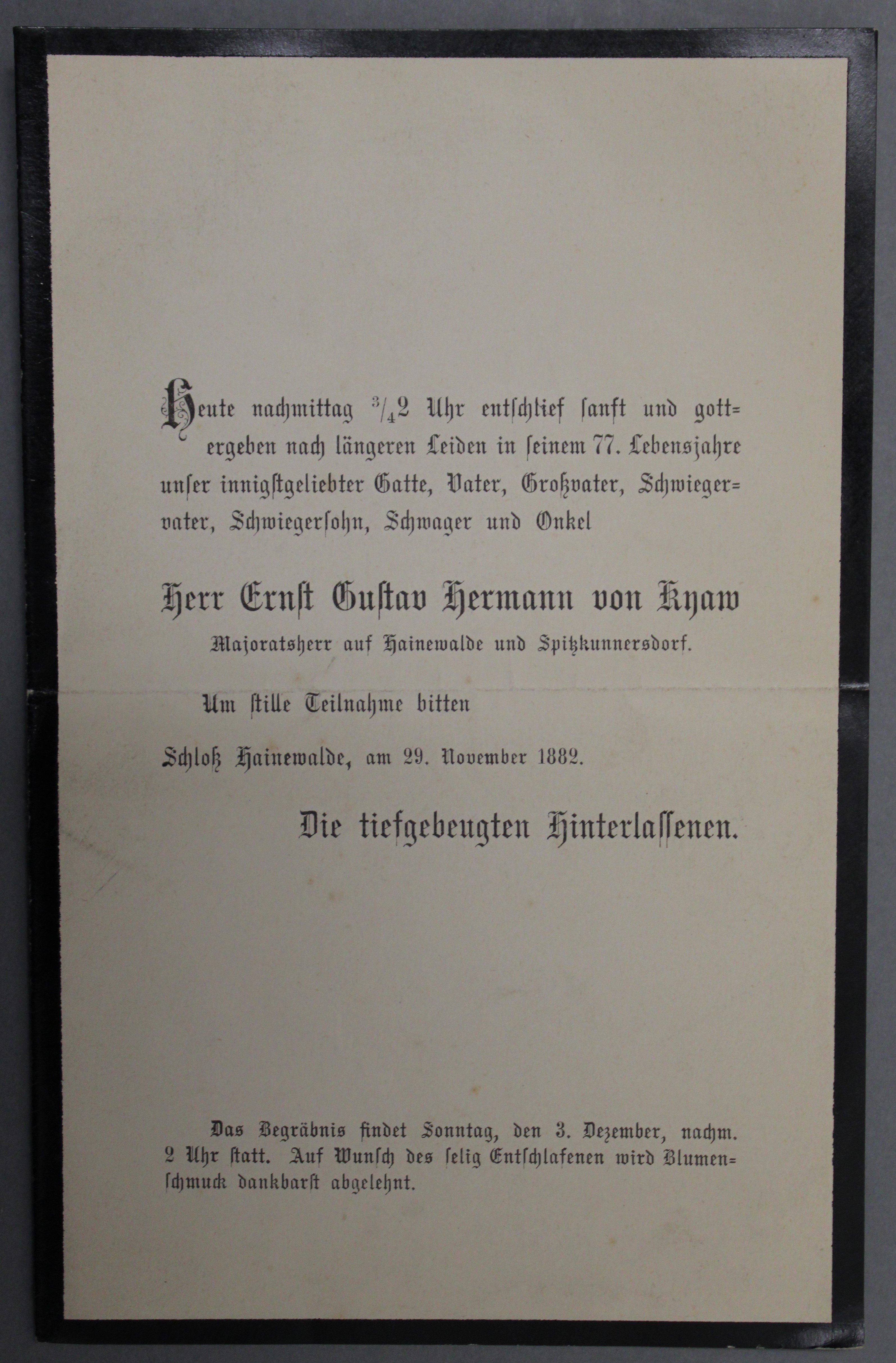 Traueranzeige Ernst Gustav Hermann von Kyaw (Deutsches Damast- und Frottiermuseum CC BY-NC-SA)
