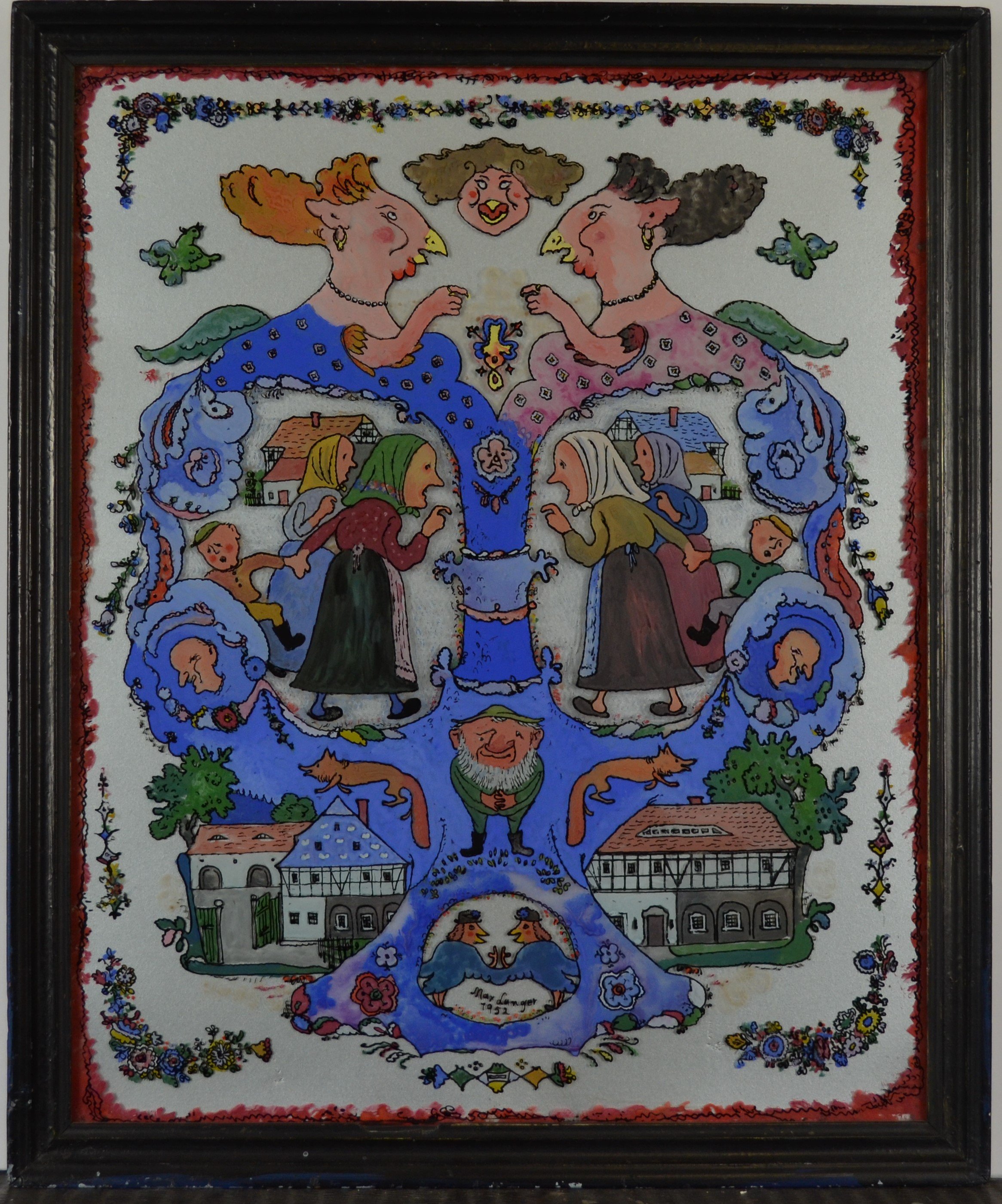 Hinterglasbild "Dorfklatsch-Wappen" (Deutsches Damast- und Frottiermuseum CC BY-NC-SA)