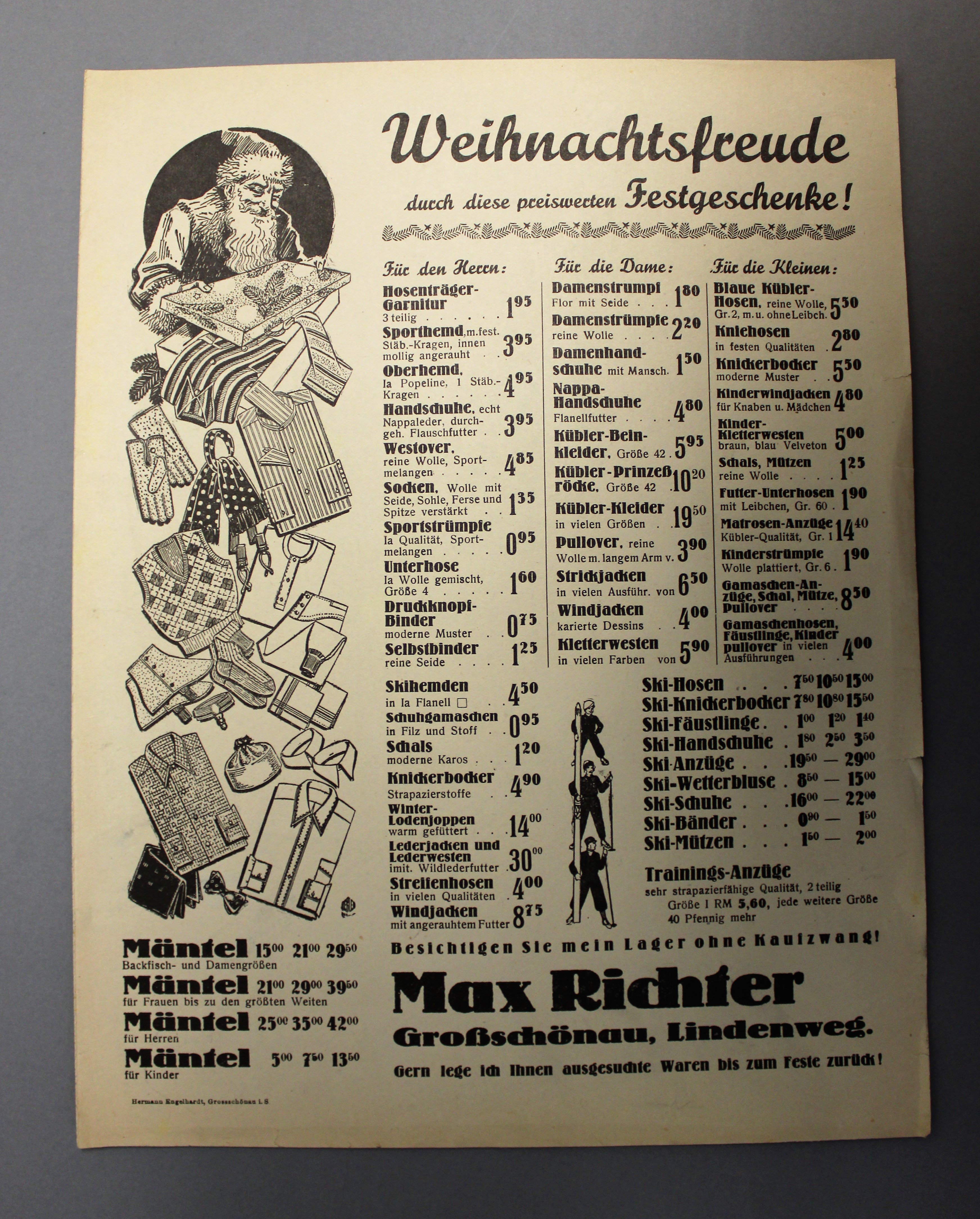 Werbeflyer Fa. Max Richter Bekleidungsgeschäft (Deutsches Damast- und Frottiermuseum CC BY-NC-SA)