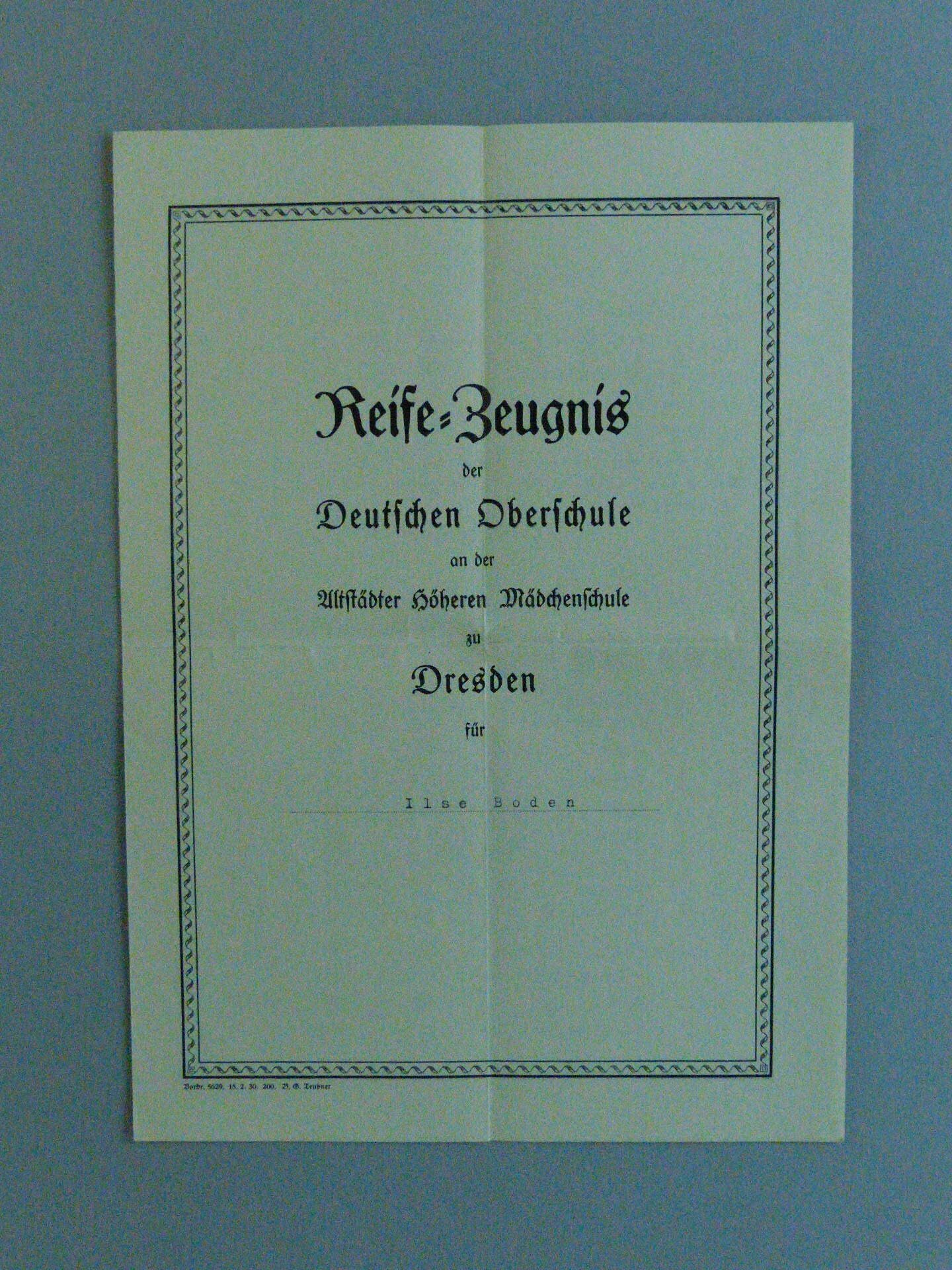 Reifezeugnis der Deutschen Oberschule für Ilse Boden (Ulrich Müller CC BY-NC-SA)