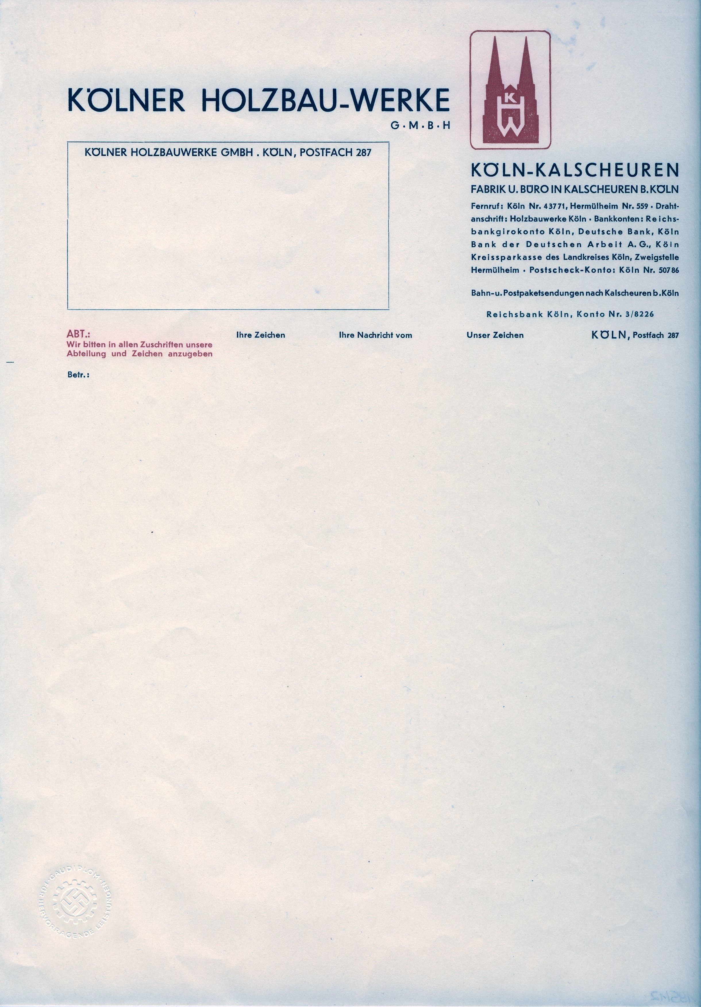 Briefkopfbogen "Kölner Holzbau-Werke" (Museum Niesky Forum Konrad-Wachsmann-Haus CC BY-NC-ND)