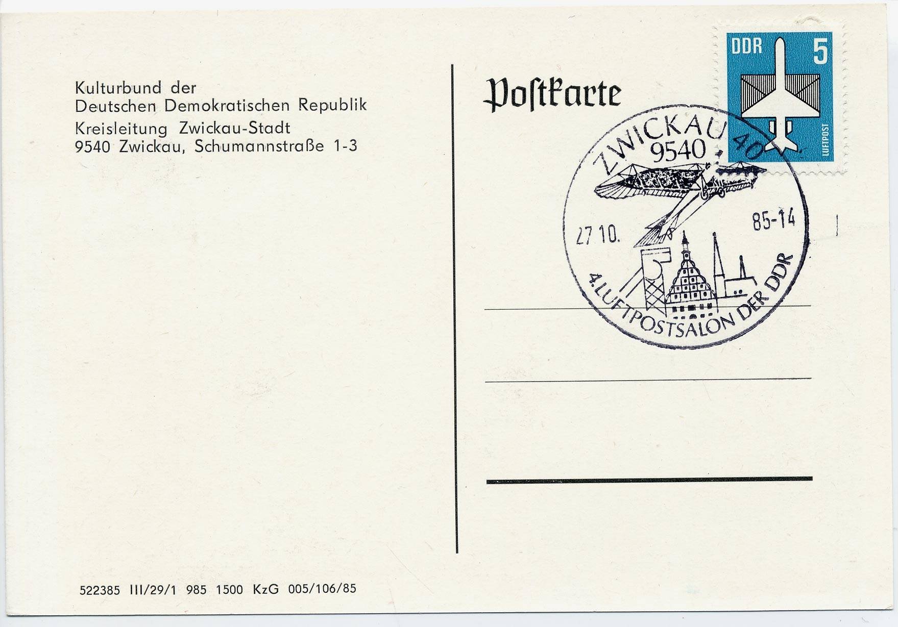 Ansichtskarte (Reprint) "Flieger in Zwickau" mit Sonderstempel Zwickau 40 "4. Luftpostsalon der DDR" 27.10.1985 (Verkehrsmuseum Dresden CC BY-NC-SA)