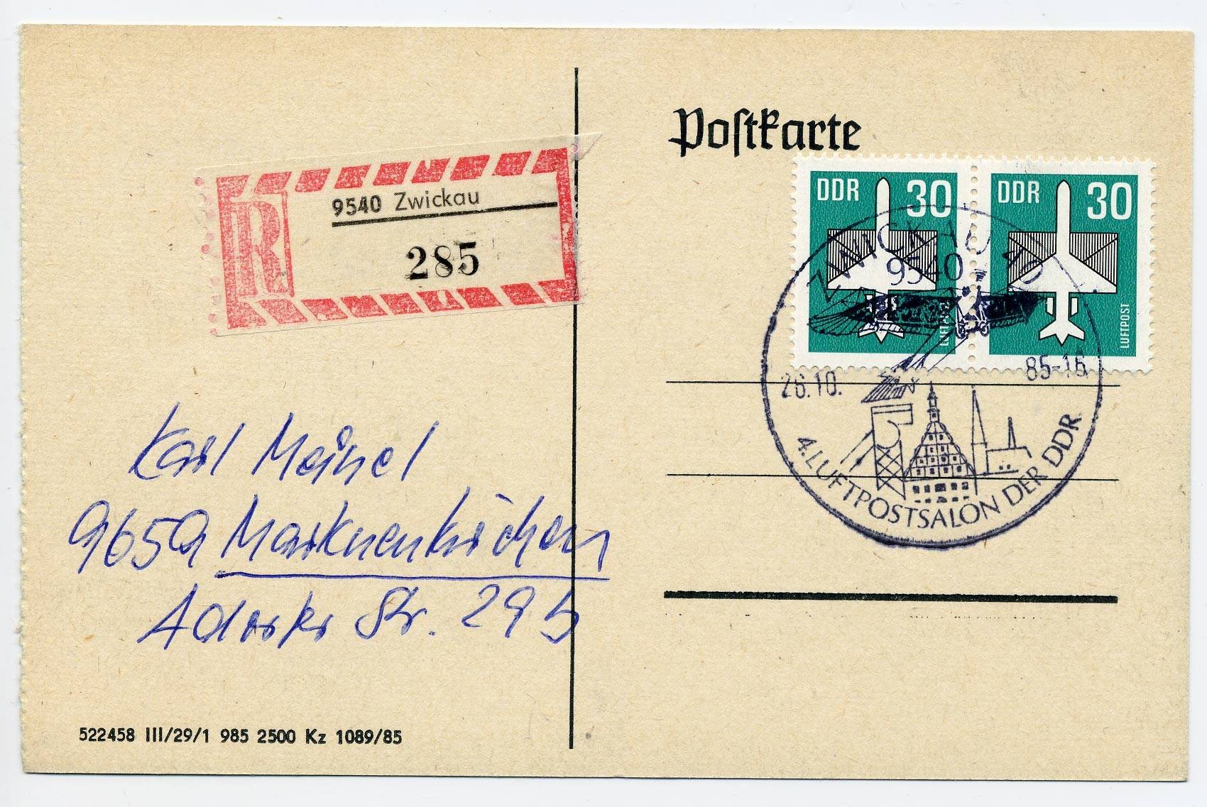 Ansichtskarte (Reprint) "Felix Laitsch, Ingenieur und Aviatiker Rundflug durch Sachsen vom 20. bis 29. Mai 1911", als Einschreiben Sonderstempel Zwick (Verkehrsmuseum Dresden CC BY-NC-SA)