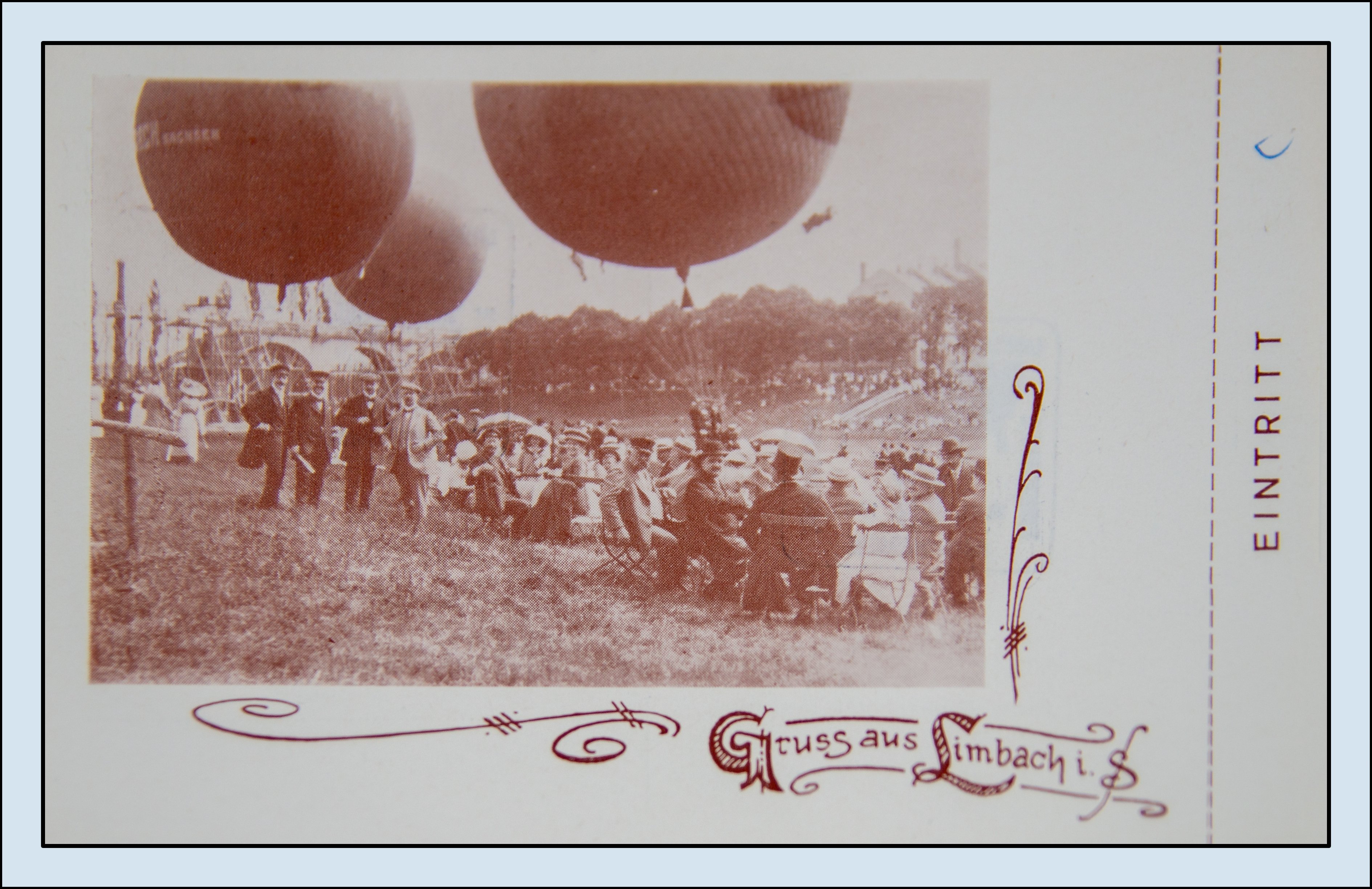 Ansichtskarte (Reprint) "Ballonaufstieg Limbach Mai 1914", Sonderstempel Limbach-Oberfrohna 1, 3. Regionale Briefmarkenausstellung, Abbildung Ballon,  (Verkehrsmuseum Dresden CC BY-NC-SA)