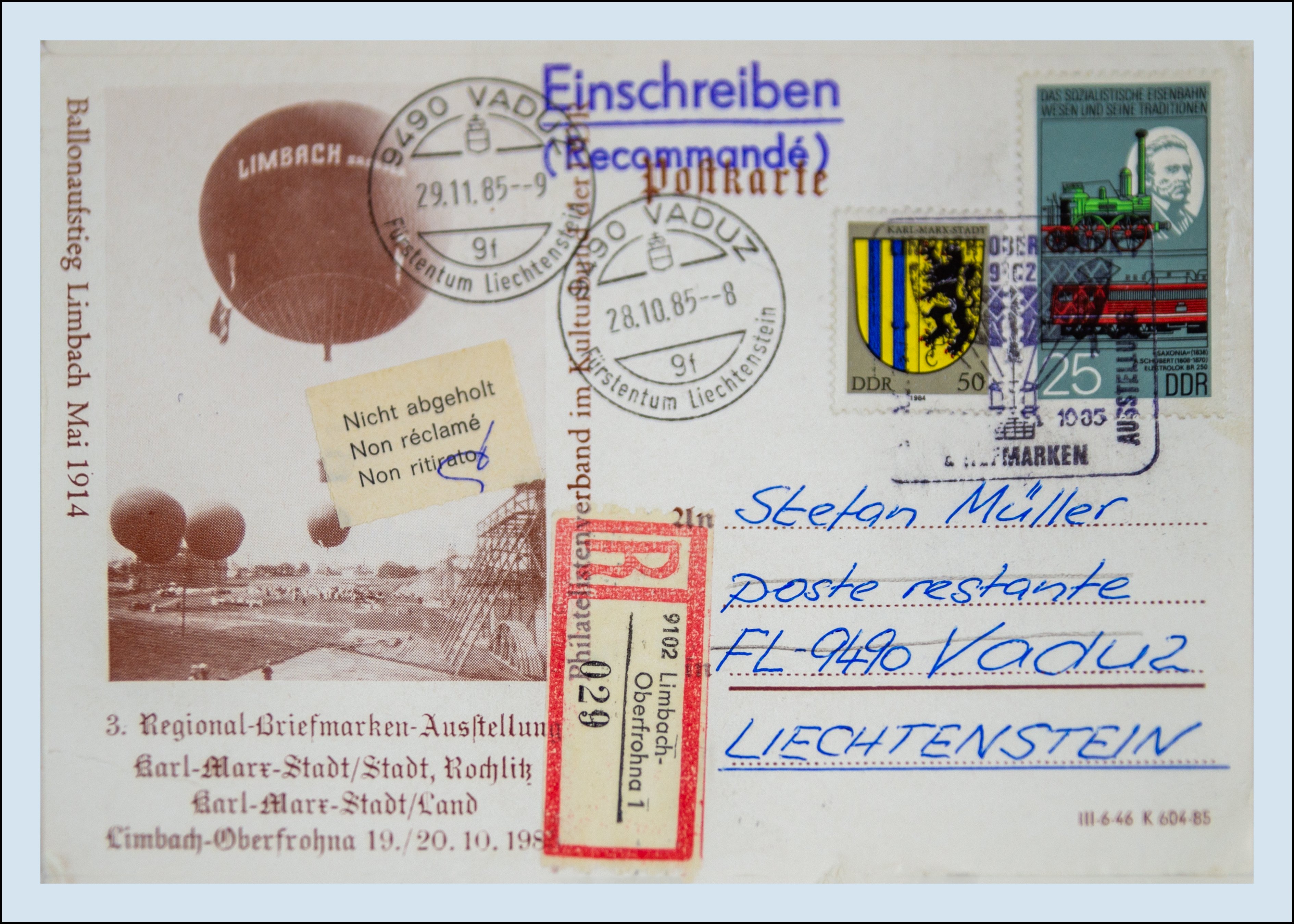 Ansichtskarte (Reprint) "Ballonaufstieg Limbach Mai 1914", als Einschreiben von Limbach-Oberfrohna nach Vaduz, Sonderstempel Limbach-Oberfrohna 1, 3.  (Verkehrsmuseum Dresden CC BY-NC-SA)
