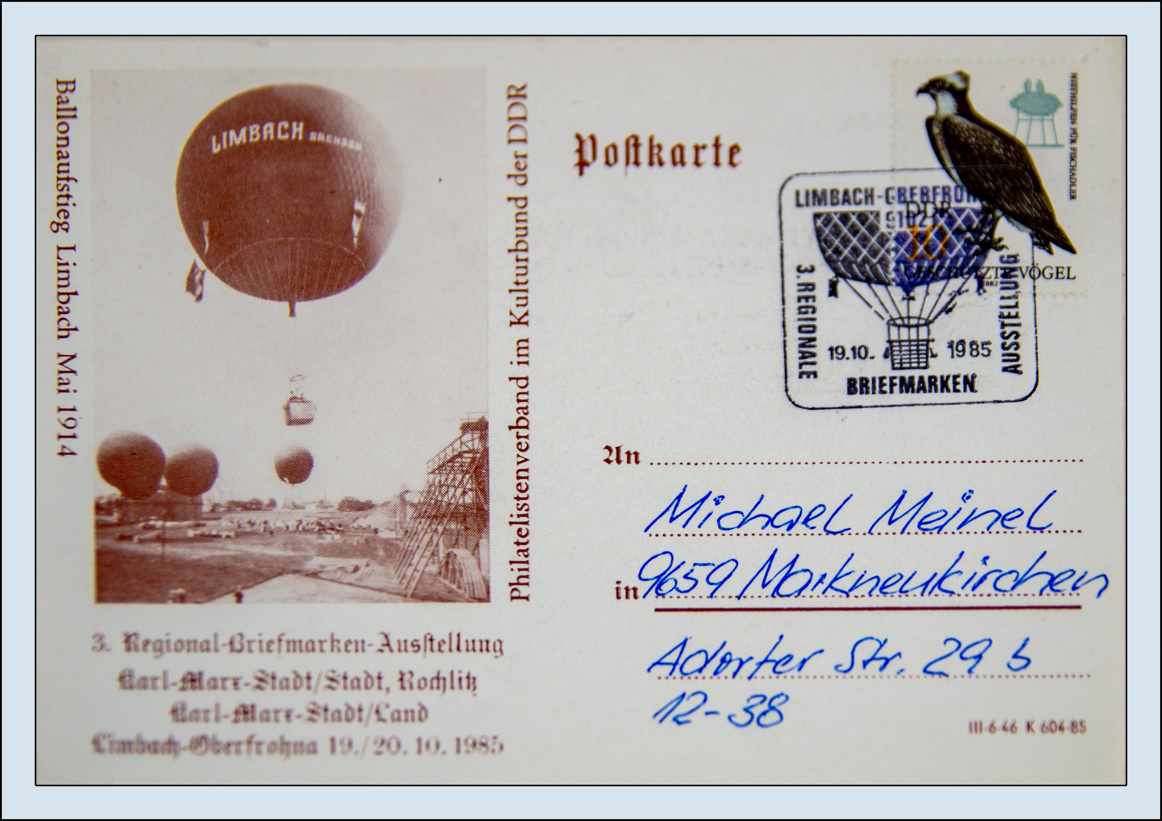 Ansichtskarte (Reprint) "Ballonaufstieg Limbach Mai 1914", Sonderstempel Limbach-Oberfrohna 1 3., Regionale Briefmarkenausstellung, Abbildung Ballon,  (Verkehrsmuseum Dresden CC BY-NC-SA)