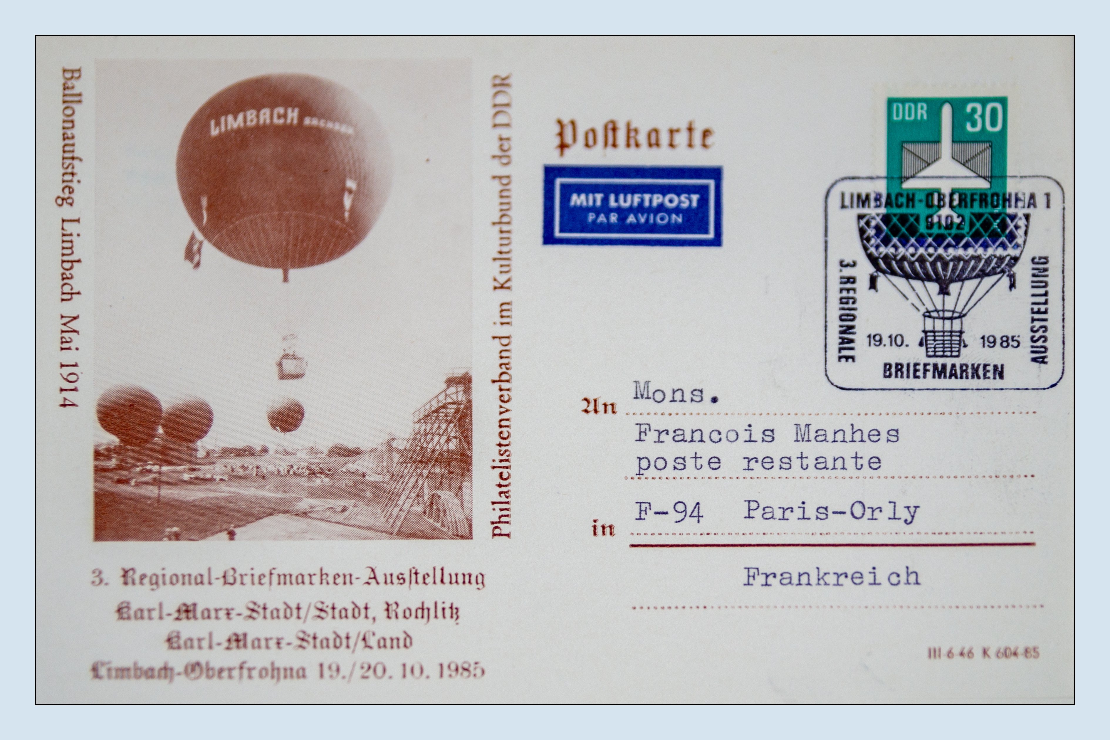 Ansichtskarte (Reprint) "Ballonaufstieg Limbach Mai 1914", Sonderstempel Limbach-Oberfrohna 1 3., Regionale Briefmarkenausstellung, Abb. Ballon, 19.10 (Verkehrsmuseum Dresden CC BY-NC-SA)