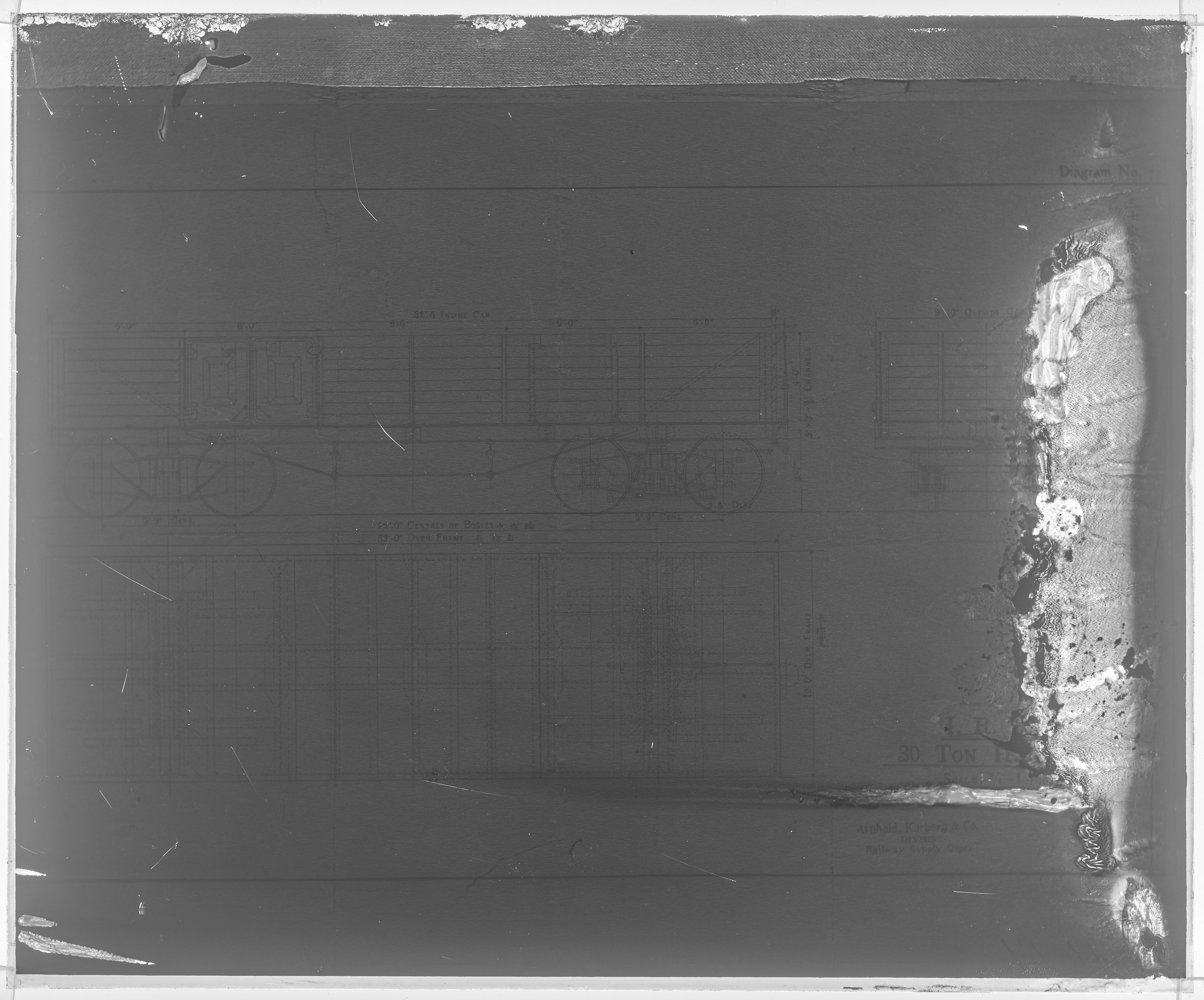 Fotografie: Maßzeichnung eines vierachsigen offenen 30 Tonnen-Güterwagens der Imperial Railways of North China (I.R.N.C.), 1914. (Schenkung der Bombardier Transportation, Werk Görlitz | Eigentum/Sammlung der Verkehrsmuseums Dresden gGmbH CC BY-NC-SA)