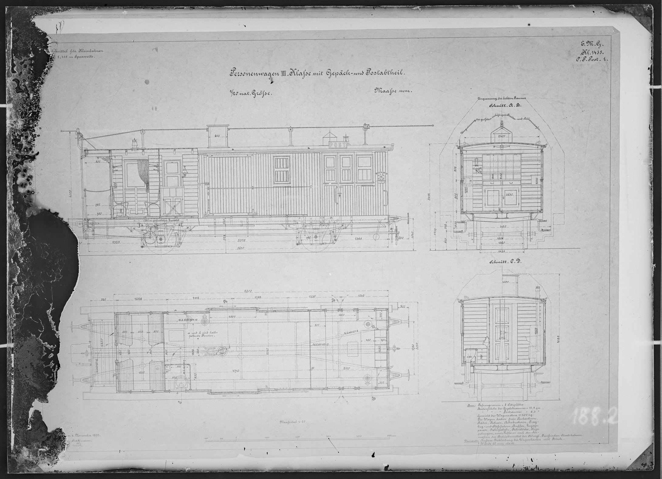 Fotografie: Maßzeichnung eines Personenwagens dritter Klasse mit Gepäck- und Postabteil für Kleinbahn, Maßstab 1:20 (Spurweite: 1435 mm), 1895. (Verkehrsmuseum Dresden CC BY-NC-SA)