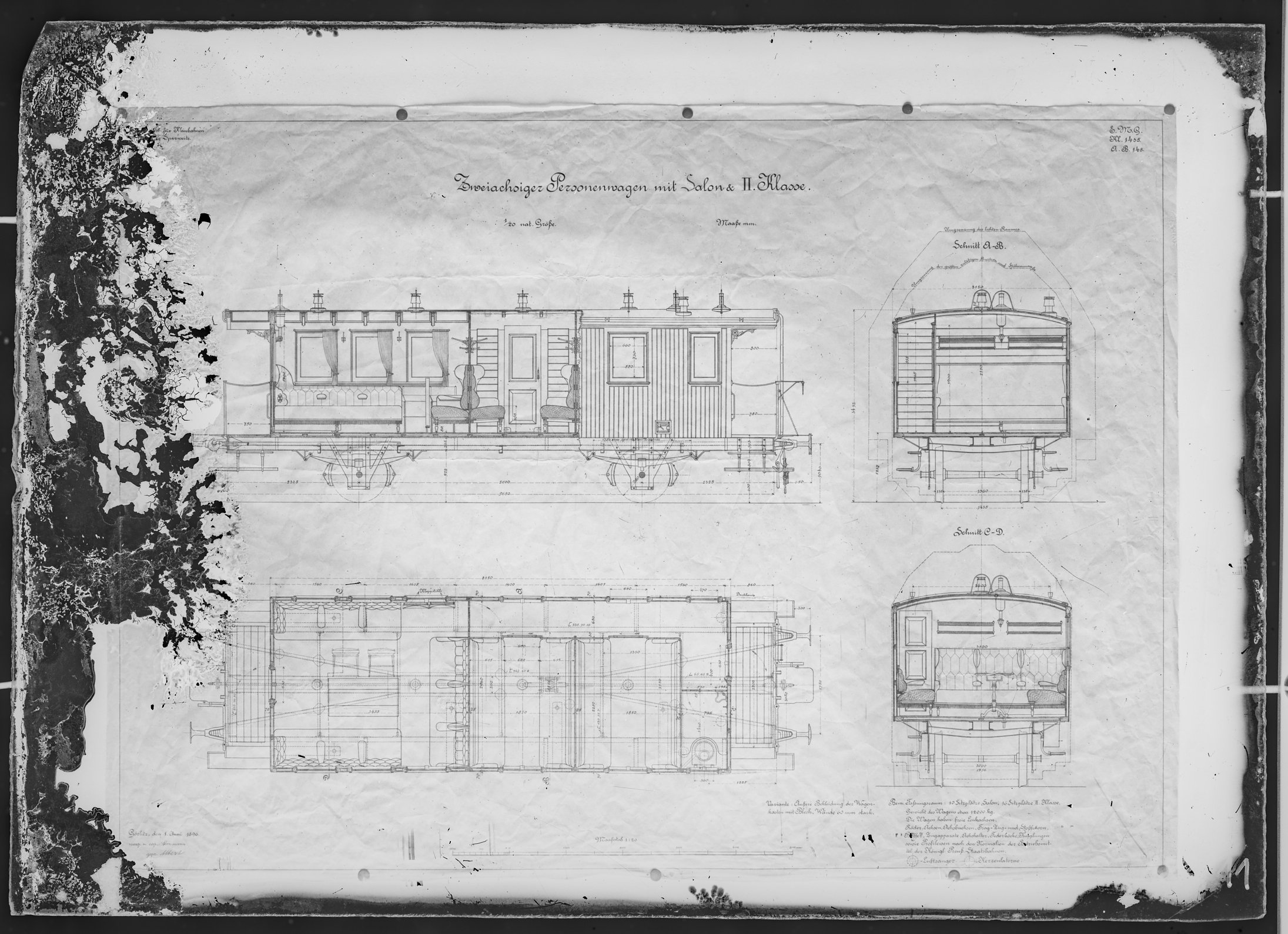Fotografie: Maßzeichnung eines zweiachsigen Personenwagens mit Salon und zweiter Klasse für Kleinbahn, Maßstab 1:20 (Spurweite: 1435 mm), 1896. (Verkehrsmuseum Dresden CC BY-NC-SA)