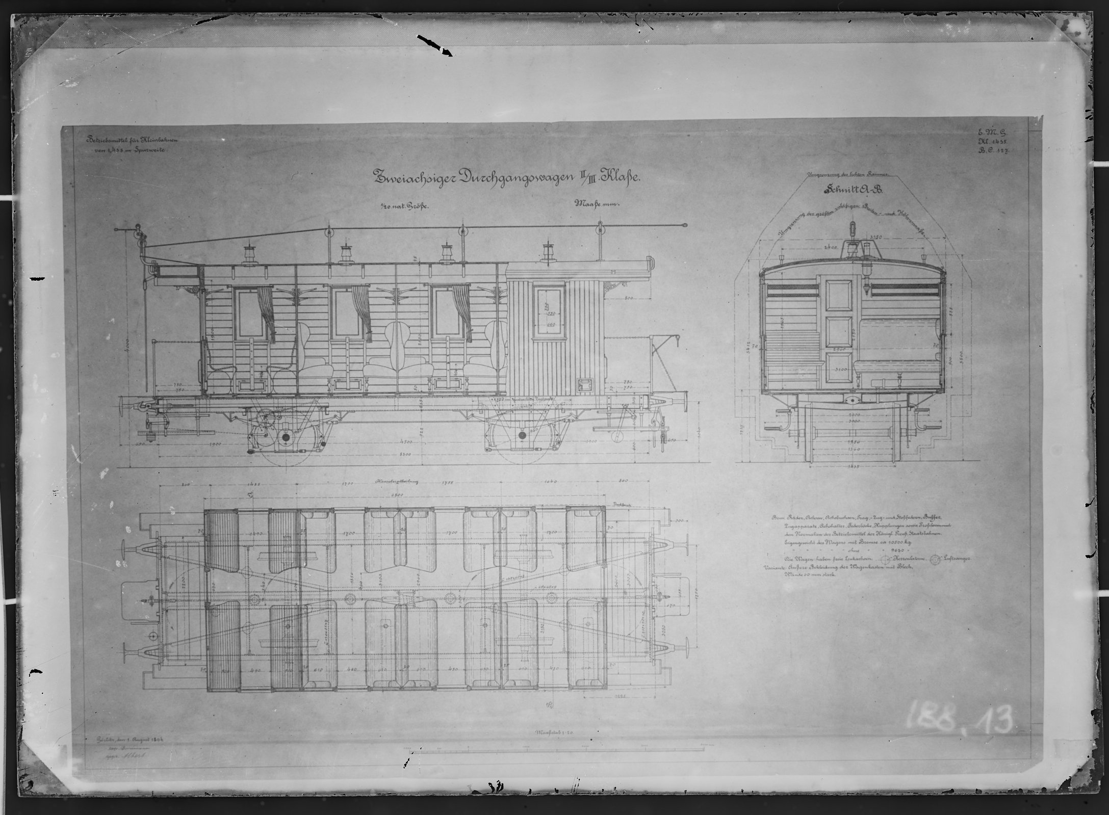 Fotografie: Maßzeichnung eines zweiachsigen Durchgangswagens zweiter/dritter Klasse für Kleinbahn, Maßstab 1:20 (Spurweite: 1435 mm), 1894. (Verkehrsmuseum Dresden CC BY-NC-SA)