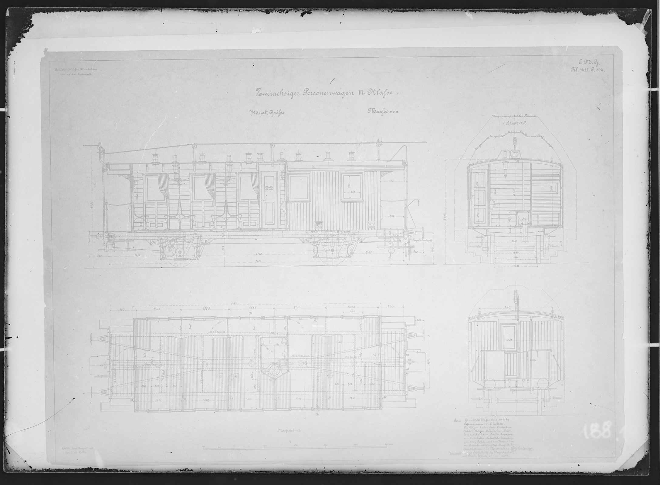 Fotografie: Maßzeichnung eines zweiachsigen Personenwagens dritter Klasse für Kleinbahn, Maßstab 1:20 (Spurweite: 1435 mm), 1895. (Verkehrsmuseum Dresden CC BY-NC-SA)