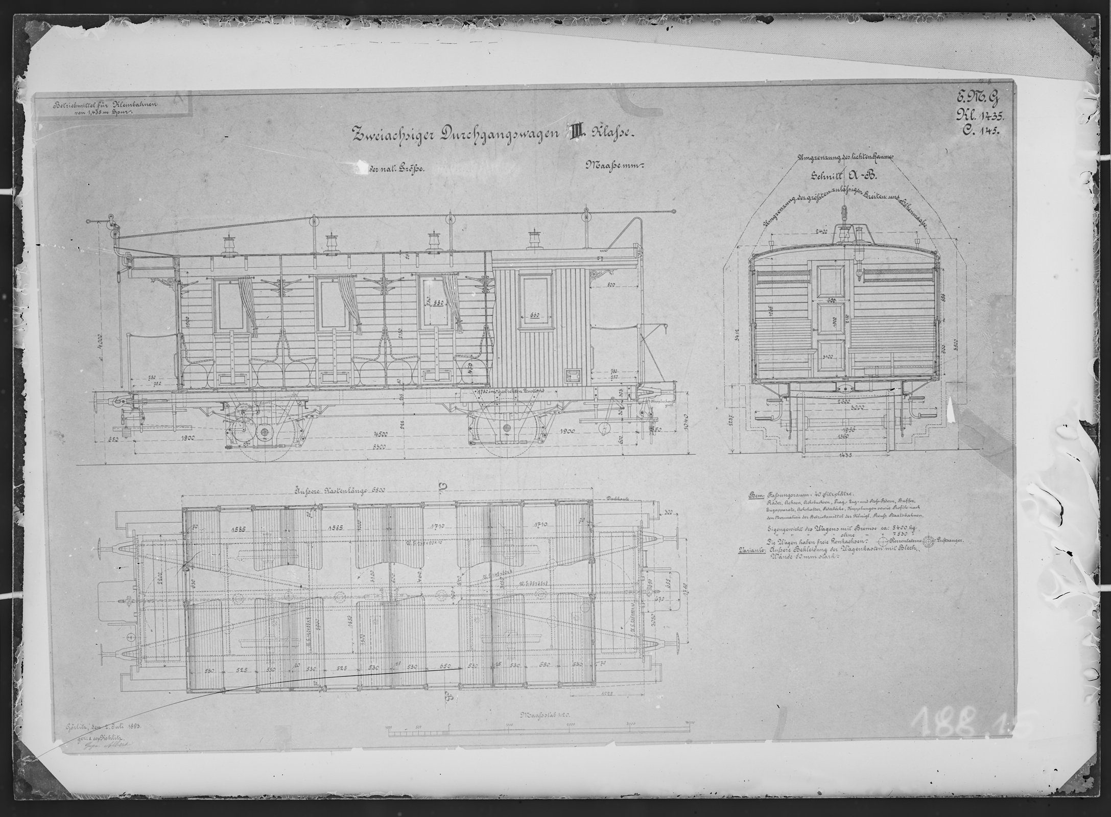 Fotografie: Maßzeichnung eines zweiachsigen Durchgangswagens dritter Klasse für Kleinbahn, Maßstab 1:20 (Spurweite: 1435 mm), 1895. (Verkehrsmuseum Dresden CC BY-NC-SA)