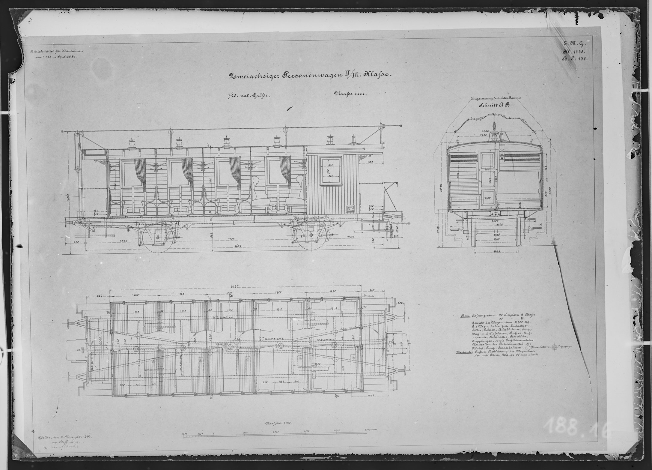 Fotografie: Maßzeichnung eines zweiachsigen Personenwagens zweiter/dritter Klasse für Kleinbahn, Maßstab 1:20 (Spurweite: 1435 mm), 1895. (Verkehrsmuseum Dresden CC BY-NC-SA)