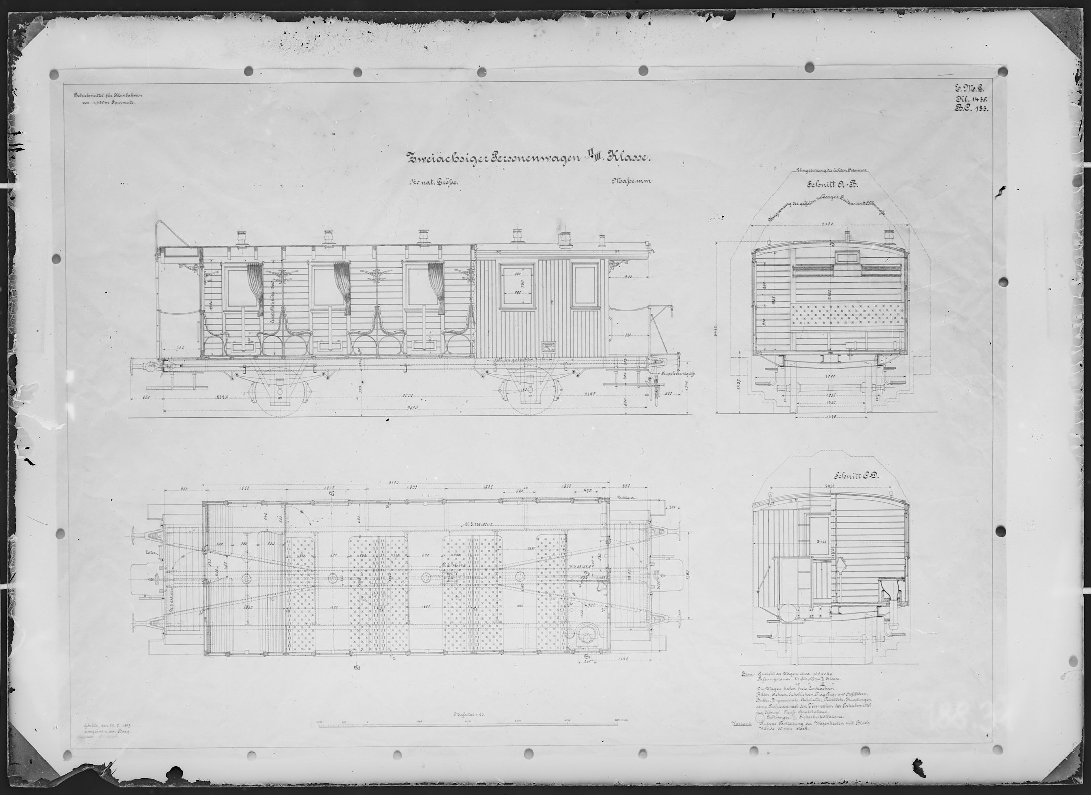 Fotografie: Maßzeichnung eines zweiachsigen Personenwagens zweiter/dritter Klasse für Kleinbahn, Maßstab 1:20 (Spurweite: 1435 mm), 1897. (Verkehrsmuseum Dresden CC BY-NC-SA)
