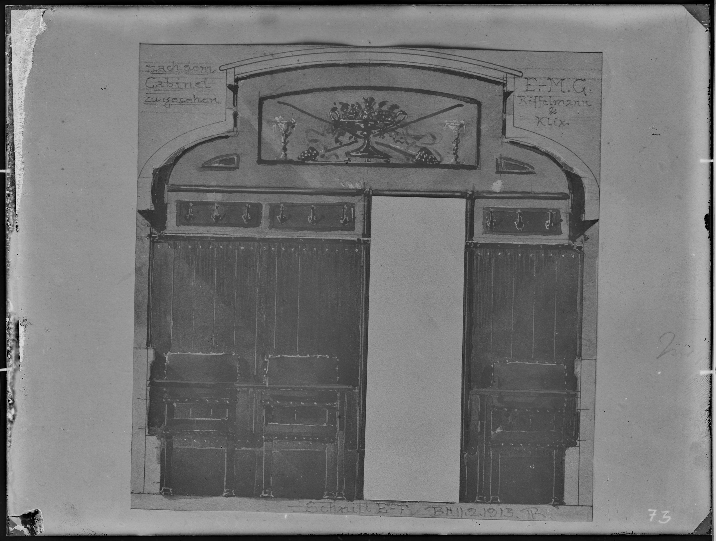Fotografie: Entwurfszeichnung einer Eingangstür zum Raucherkabinett eines Speisewagens, 1913. Eisenbahn-Speisewagen-Betrieb Gustav Riffelmann, Inhaber (Verkehrsmuseum Dresden CC BY-NC-SA)