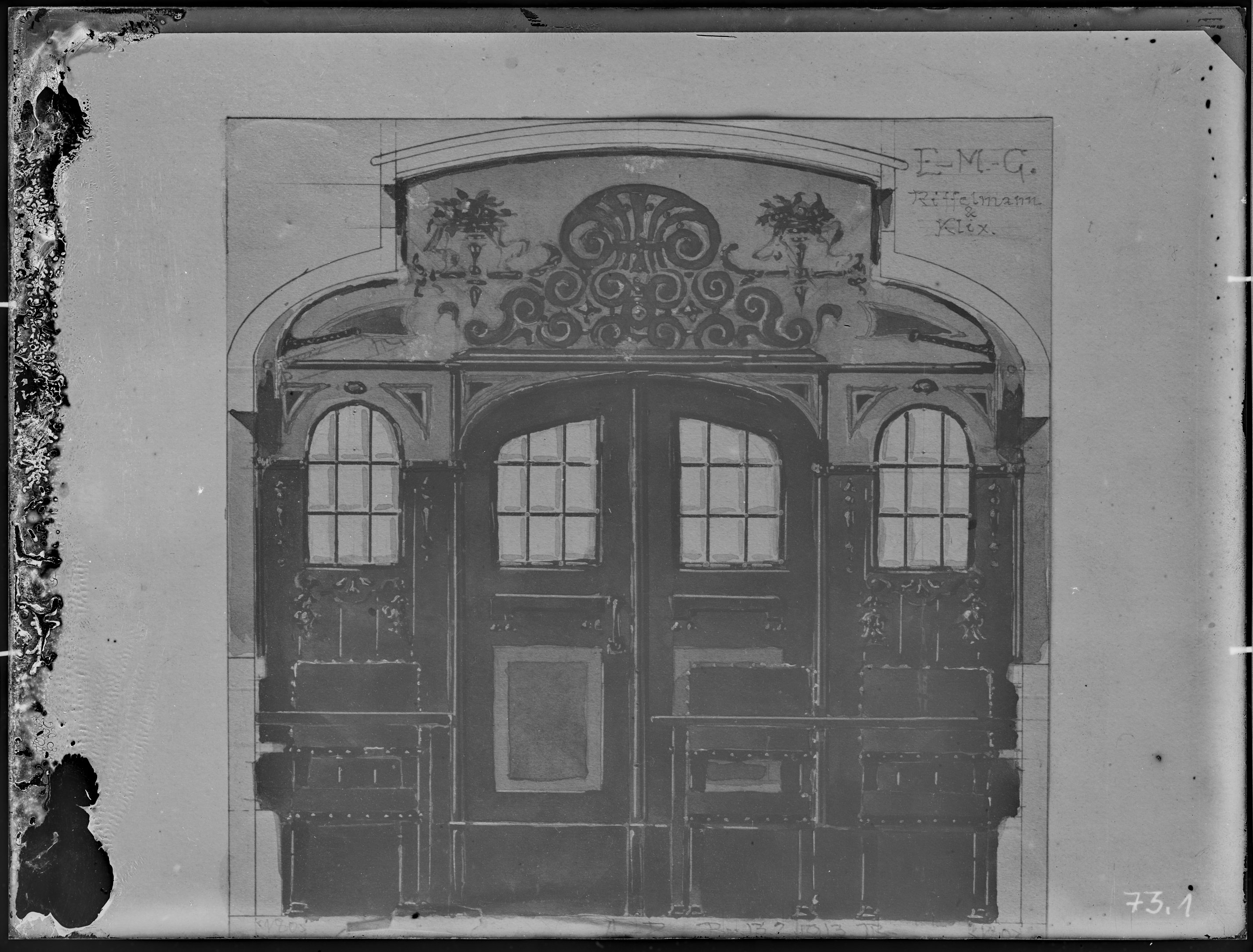 Fotografie: Entwurfszeichnung einer Eingangstür zum Speisesalon eines Speisewagens, 1913. Eisenbahn-Speisewagen-Betrieb Gustav Riffelmann, Inhaber Gus (Verkehrsmuseum Dresden CC BY-NC-SA)