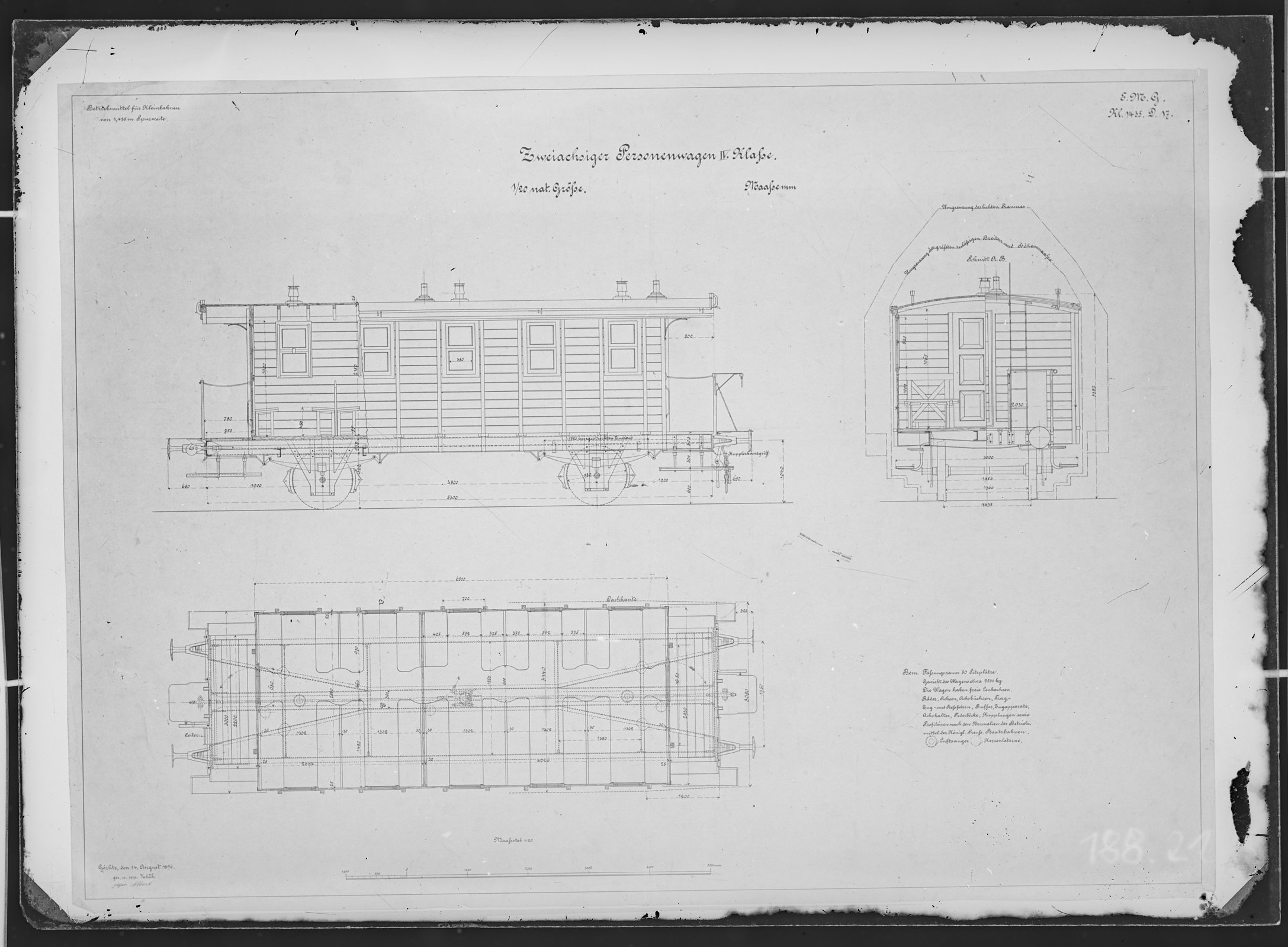 Fotografie: Maßzeichnung eines zweiachsigen Personenwagens vierter Klasse für Kleinbahn, Maßstab 1:20 (Spurweite: 1435 mm), 1896. (Verkehrsmuseum Dresden CC BY-NC-SA)