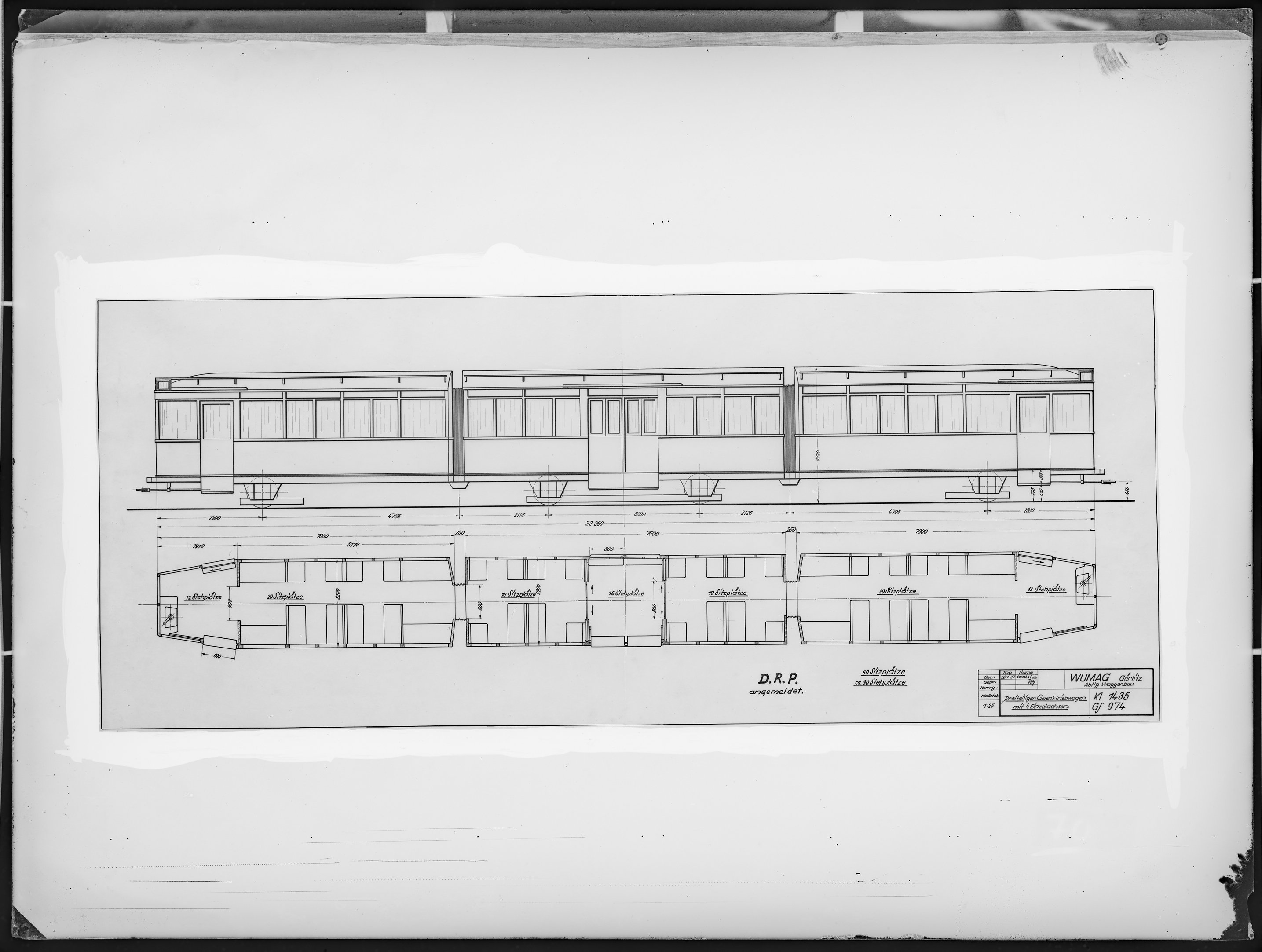 Fotografie: Maßzeichnung eines dreiteiligen Gelenktriebwagens mit vier Einzelachsen (Spurweite: 1435 mm), Maßstab 1:25, 1927. (Verkehrsmuseum Dresden CC BY-NC-SA)