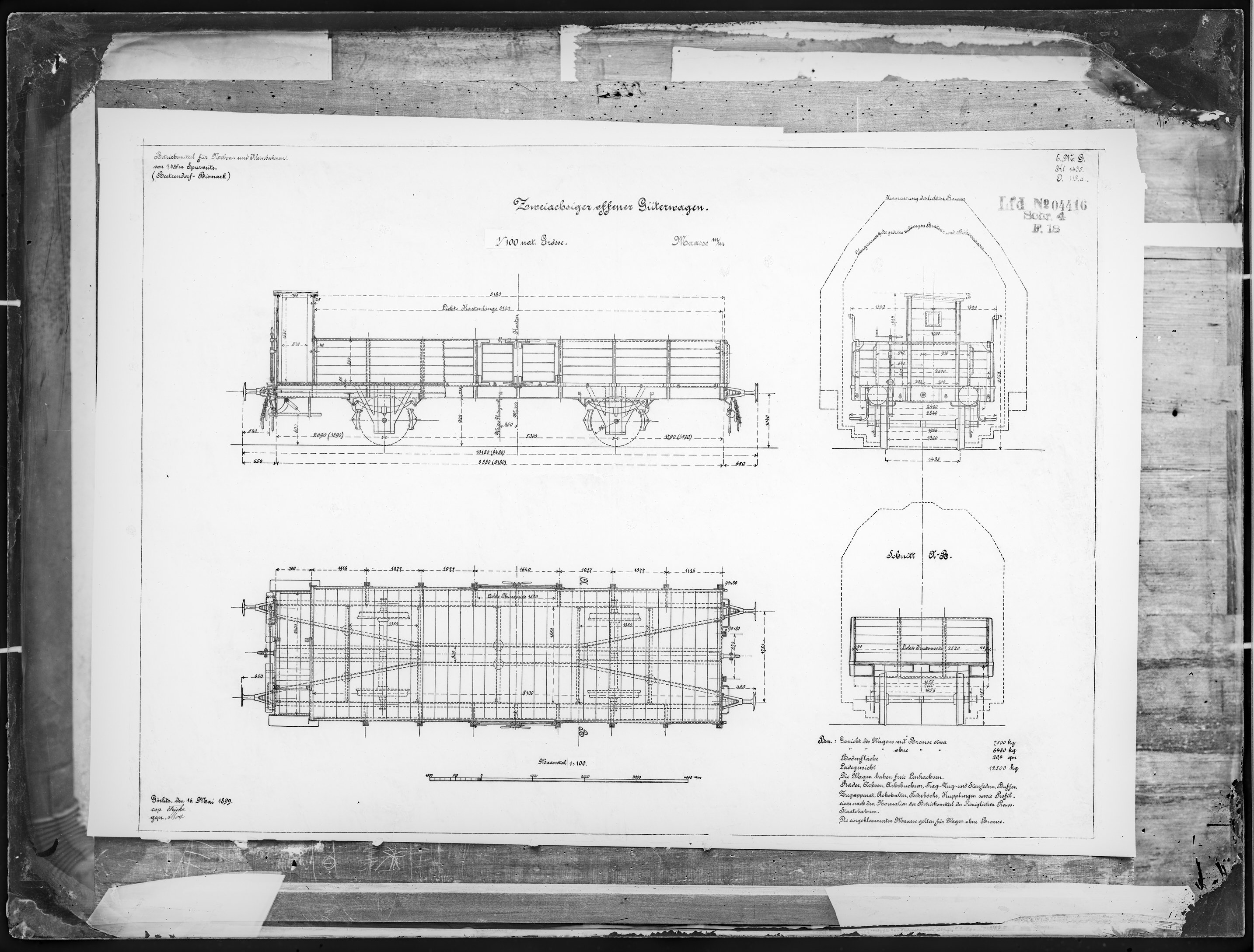 Fotografie: Maßzeichnung eines zweiachsigen offenen Güterwagens mit Bremserhaus für Kleinbahn, Maßstab 1:100, 1899. Aktiengesellschaft Kleinbahn Bisma (Verkehrsmuseum Dresden CC BY-NC-SA)
