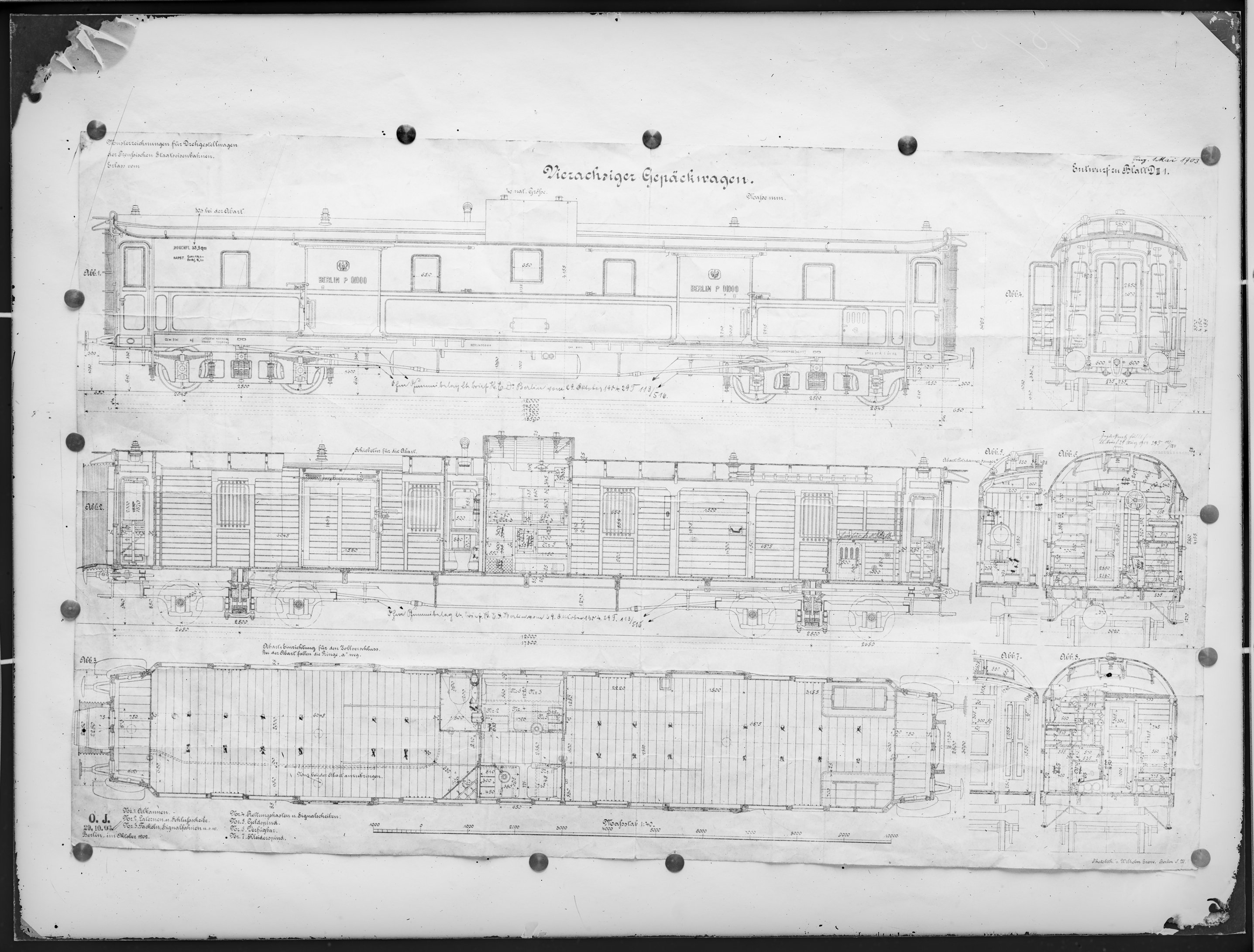 Fotografie: Musterzeichnung (Entwurf) der Preußischen Staatseisenbahnen für einen vierachsigen Gepäckwagen, Maßstab 1:40, 1902 - 1905. (Verkehrsmuseum Dresden CC BY-NC-SA)