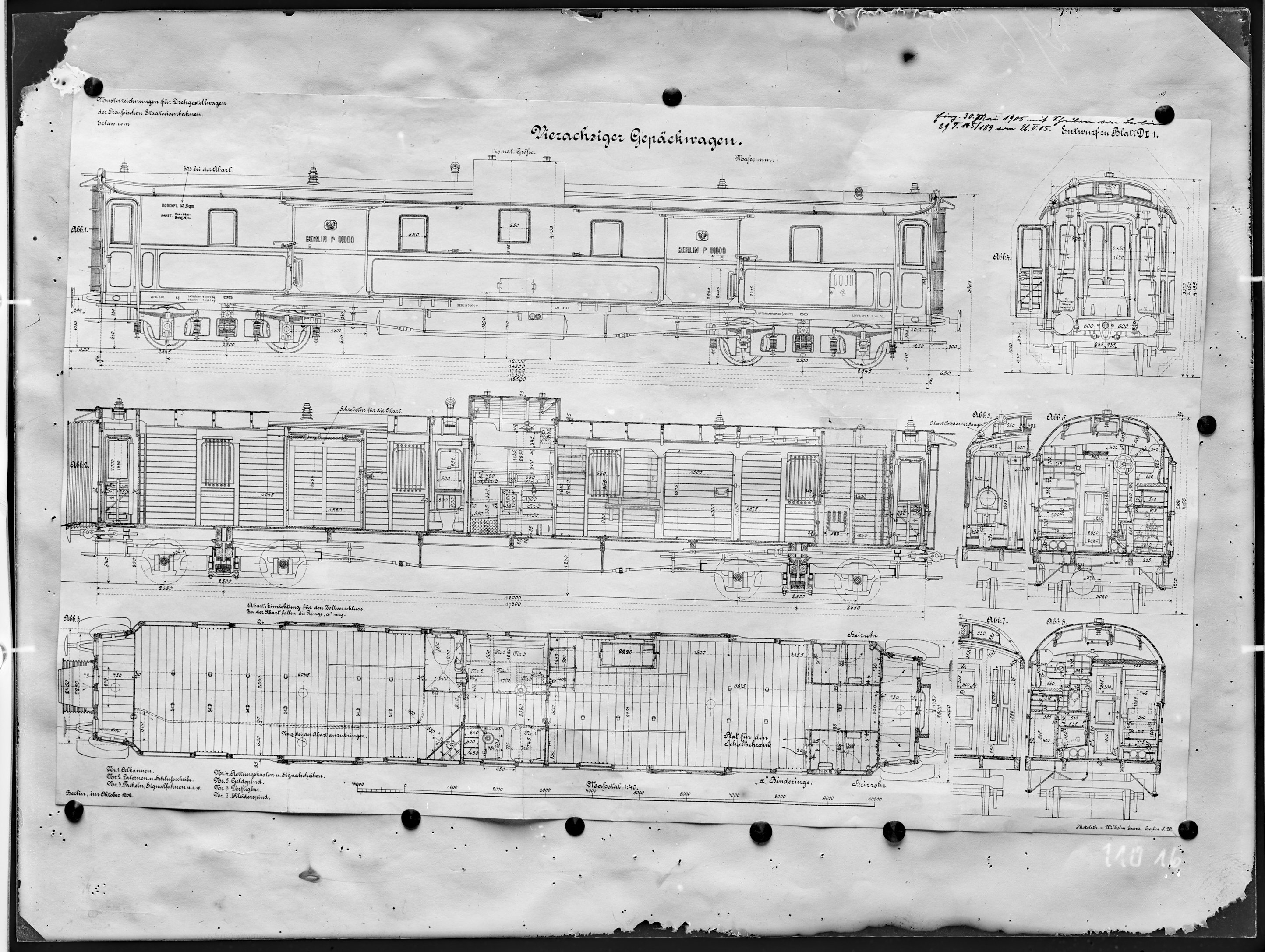 Fotografie: Musterzeichnung (Entwurf) der Preußischen Staatseisenbahnen für einen vierachsigen Gepäckwagen, Maßstab 1:40, 1902 - 1905. (Verkehrsmuseum Dresden CC BY-NC-SA)