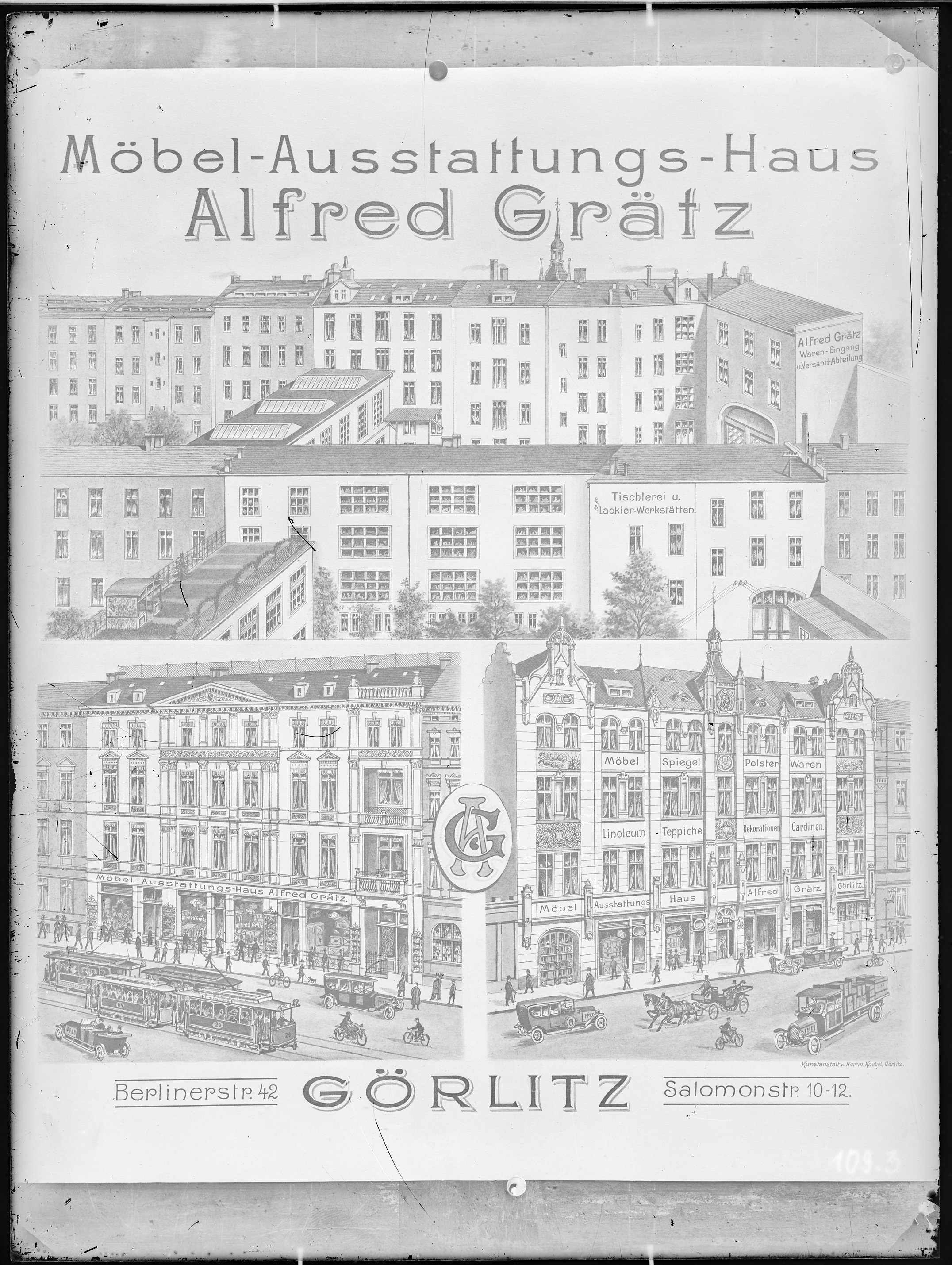 Fotografie: Möbel-Ausstattungs-Haus Alfred Grätz, Görlitz, Berliner Straße 42 und Salomonstraße 10-12 (Vorderansicht), um 1924? (Verkehrsmuseum Dresden CC BY-NC-SA)