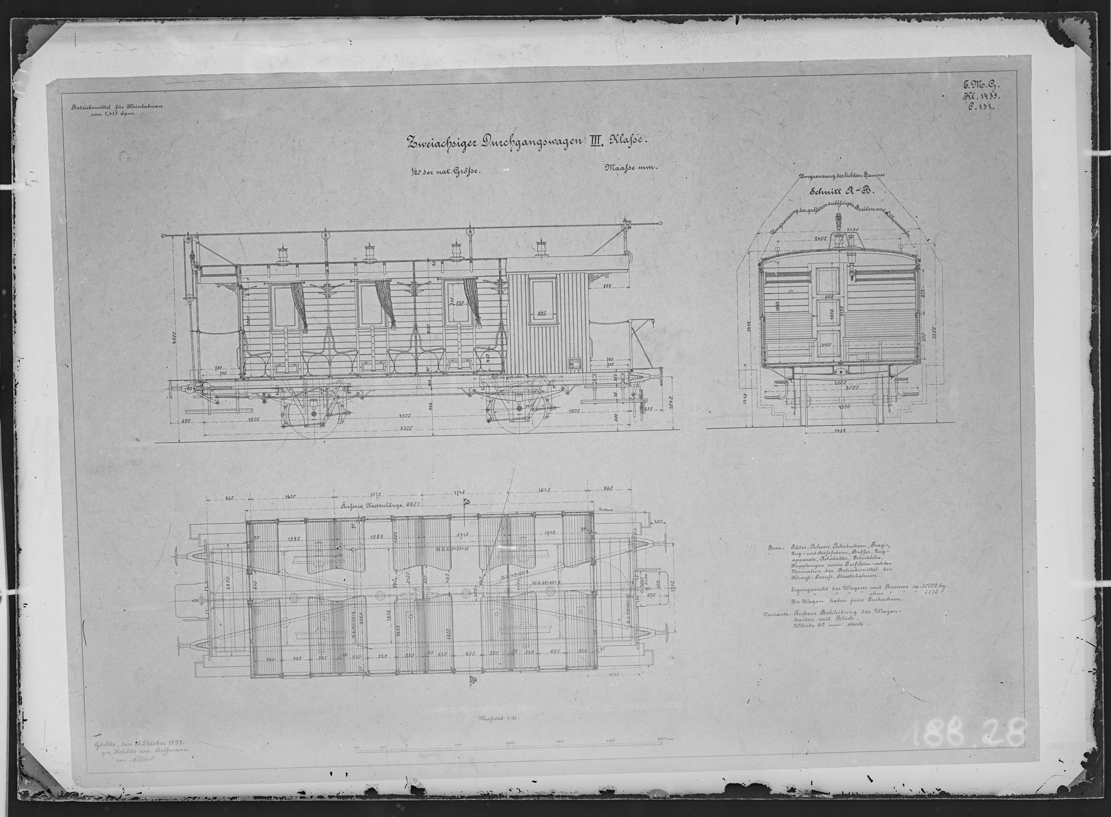 Fotografie: Maßzeichnung eines zweiachsigen Kleinbahn-Durchgangswagens dritter Klasse, Maßstab 1:20 (Spurweite: 1435 mm), 1895. (Verkehrsmuseum Dresden CC BY-NC-SA)