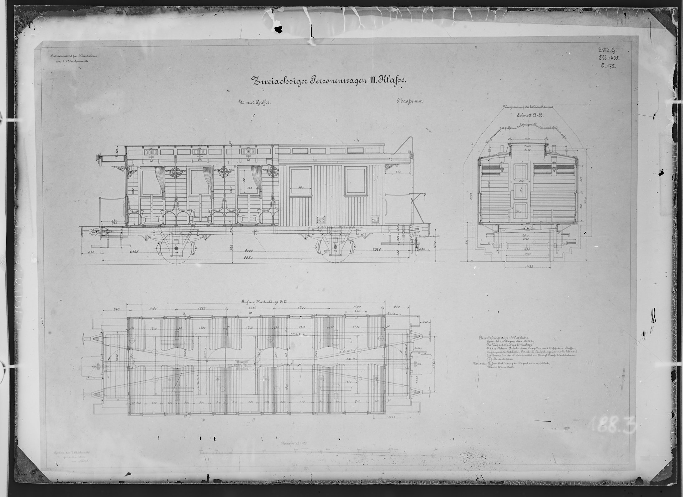 Fotografie: Maßzeichnung eines zweiachsigen Personenwagens dritter Klasse für Kleinbahn, Maßstab 1:20 (Spurweite: 1435 mm), 1895? (Verkehrsmuseum Dresden CC BY-NC-SA)