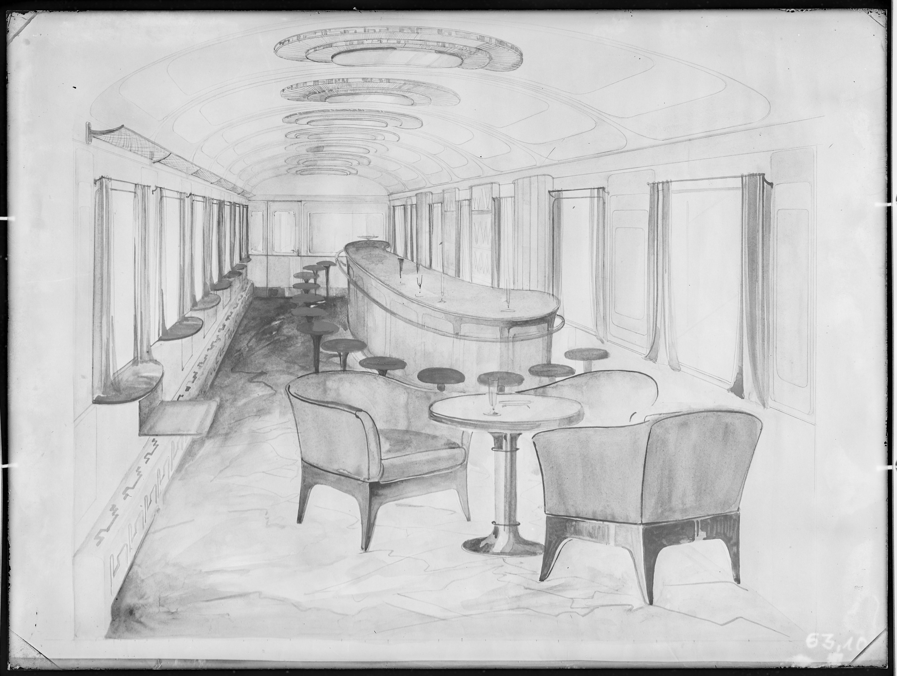 Fotografie: Entwurfszeichnung vermutlich für Speisewagen (Innenansicht), Bar-Abteil, um 1928? (Verkehrsmuseum Dresden CC BY-NC-SA)