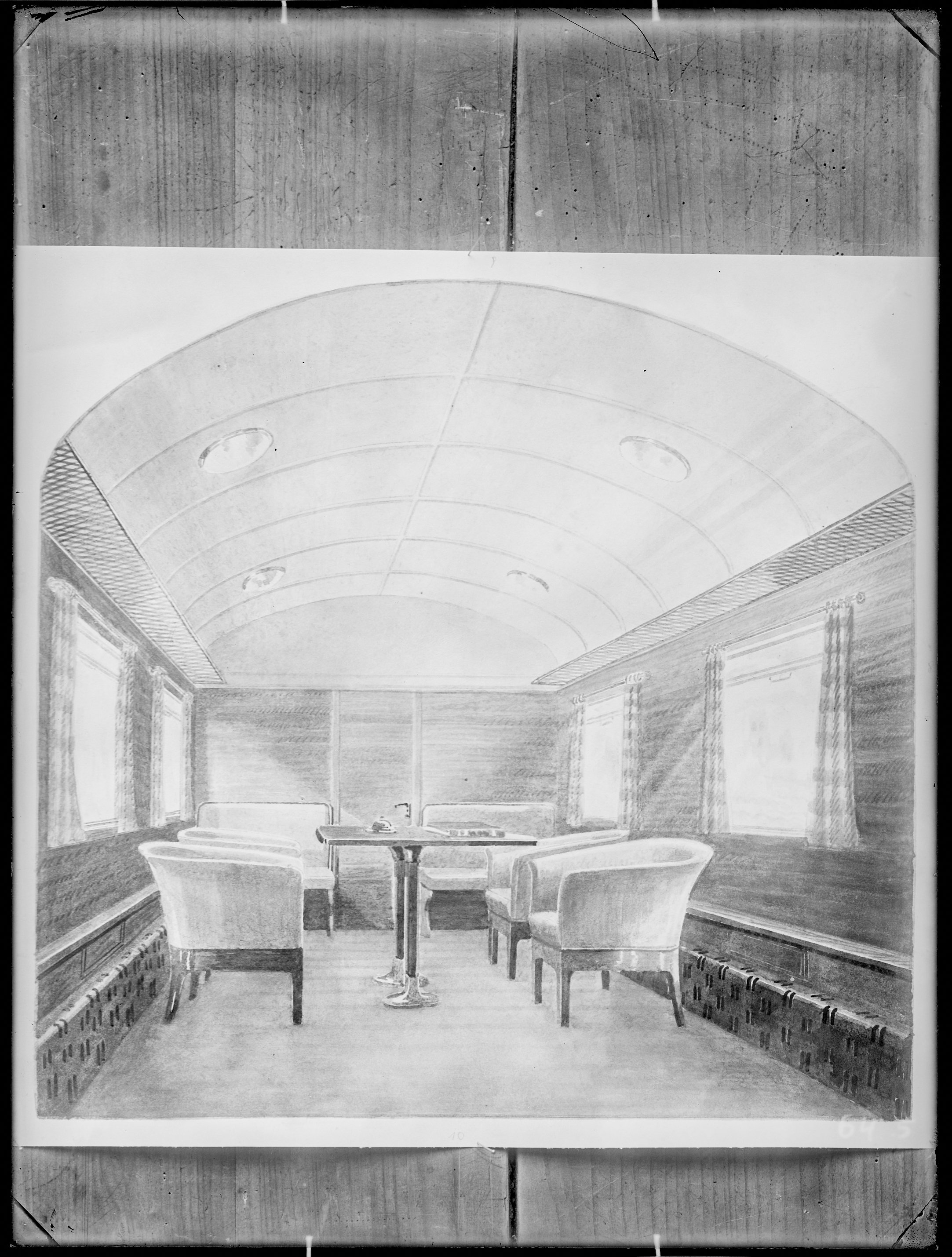 Fotografie: Entwurfszeichnung vermutlich für Salonwagen (Innenansicht), Sitzgruppe, um 1928? (Verkehrsmuseum Dresden CC BY-NC-SA)