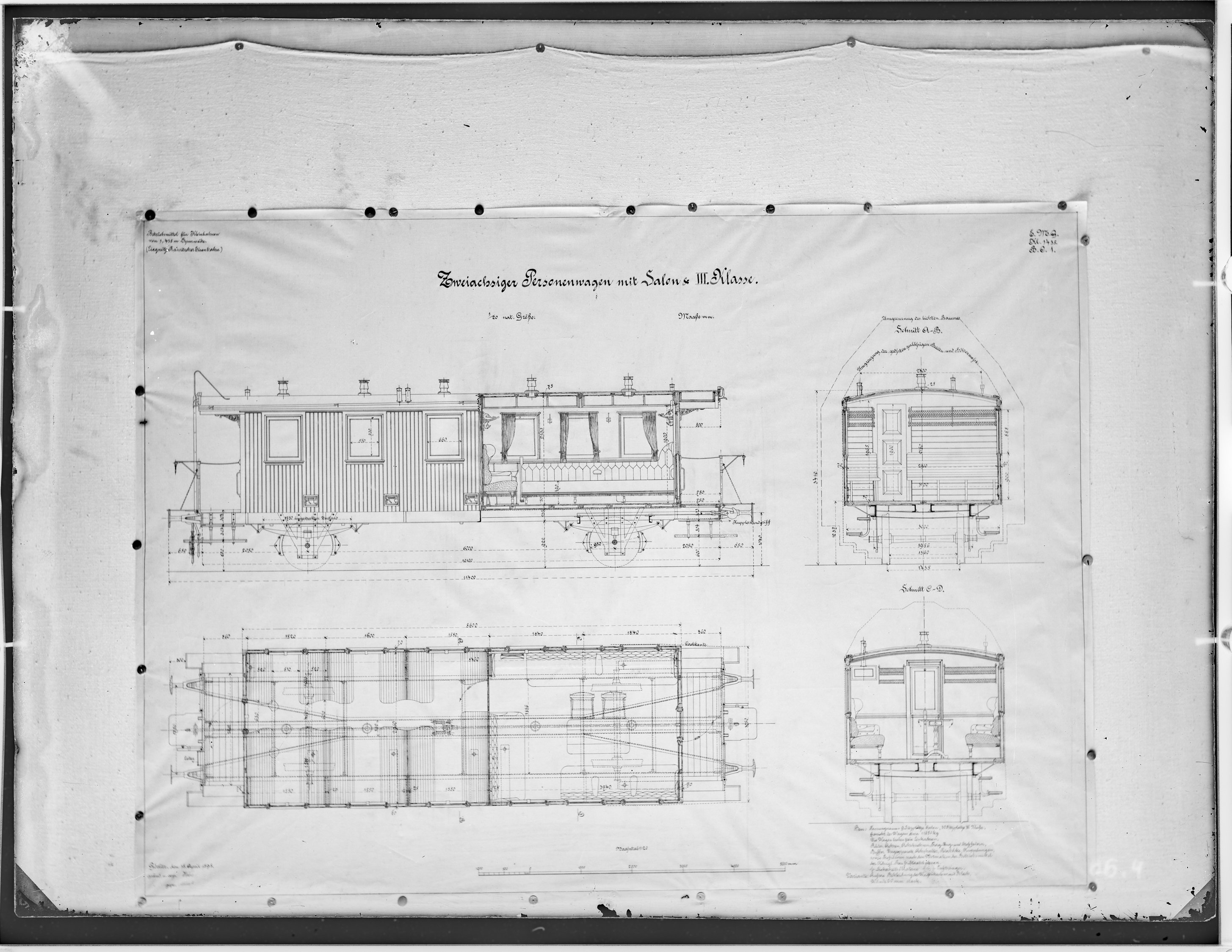 Fotografie: Maßzeichnung eines zweiachsigen Personenwagens mit Salon und dritter Klasse (Spurweite: 1435 mm), Maßstab 1:20, 1898. Liegnitz-Rawitscher  (Verkehrsmuseum Dresden CC BY-NC-SA)