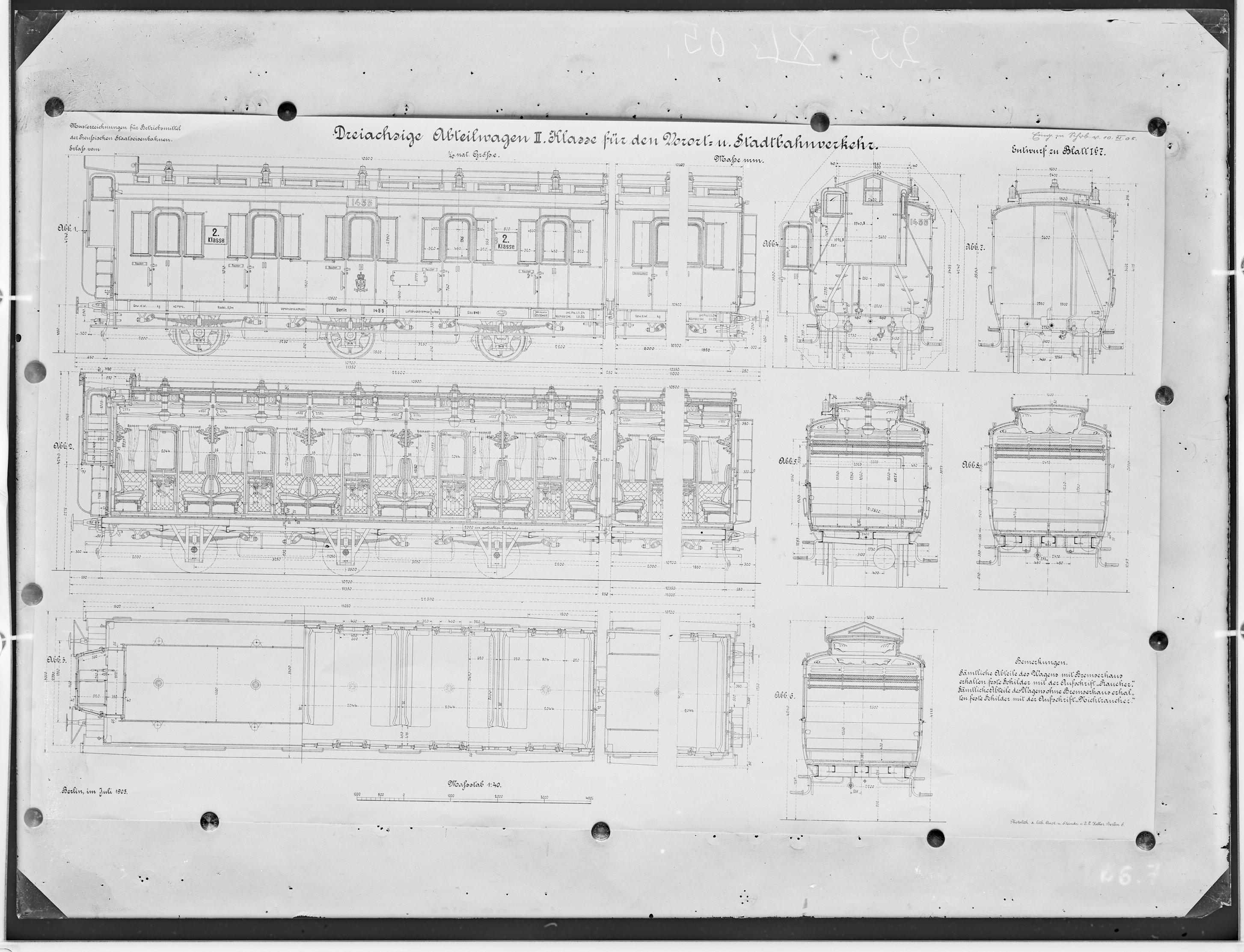 Fotografie: Musterzeichnung (Entwurf) der Preußischen Staatseisenbahnen für einen dreiachsigen Abteilwagen zweiter Klasse mit Bremserhaus für den Voro (Verkehrsmuseum Dresden CC BY-NC-SA)