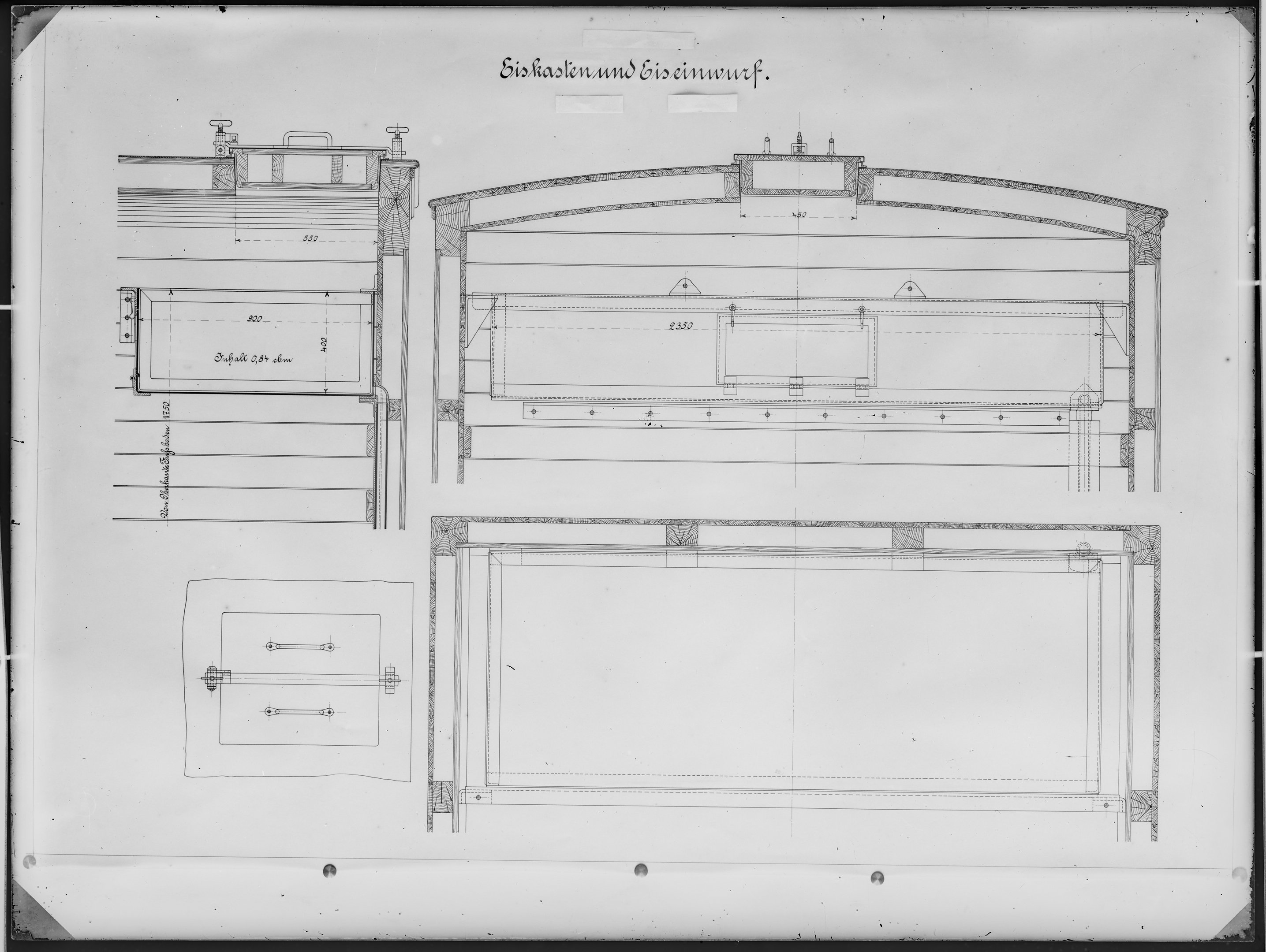 Fotografie: Maßzeichnung eines Eiskastens und Eiseinwurfs vermutlich für Kühlwagen, Herkunft unbekannt, um 1938? (Verkehrsmuseum Dresden CC BY-NC-SA)