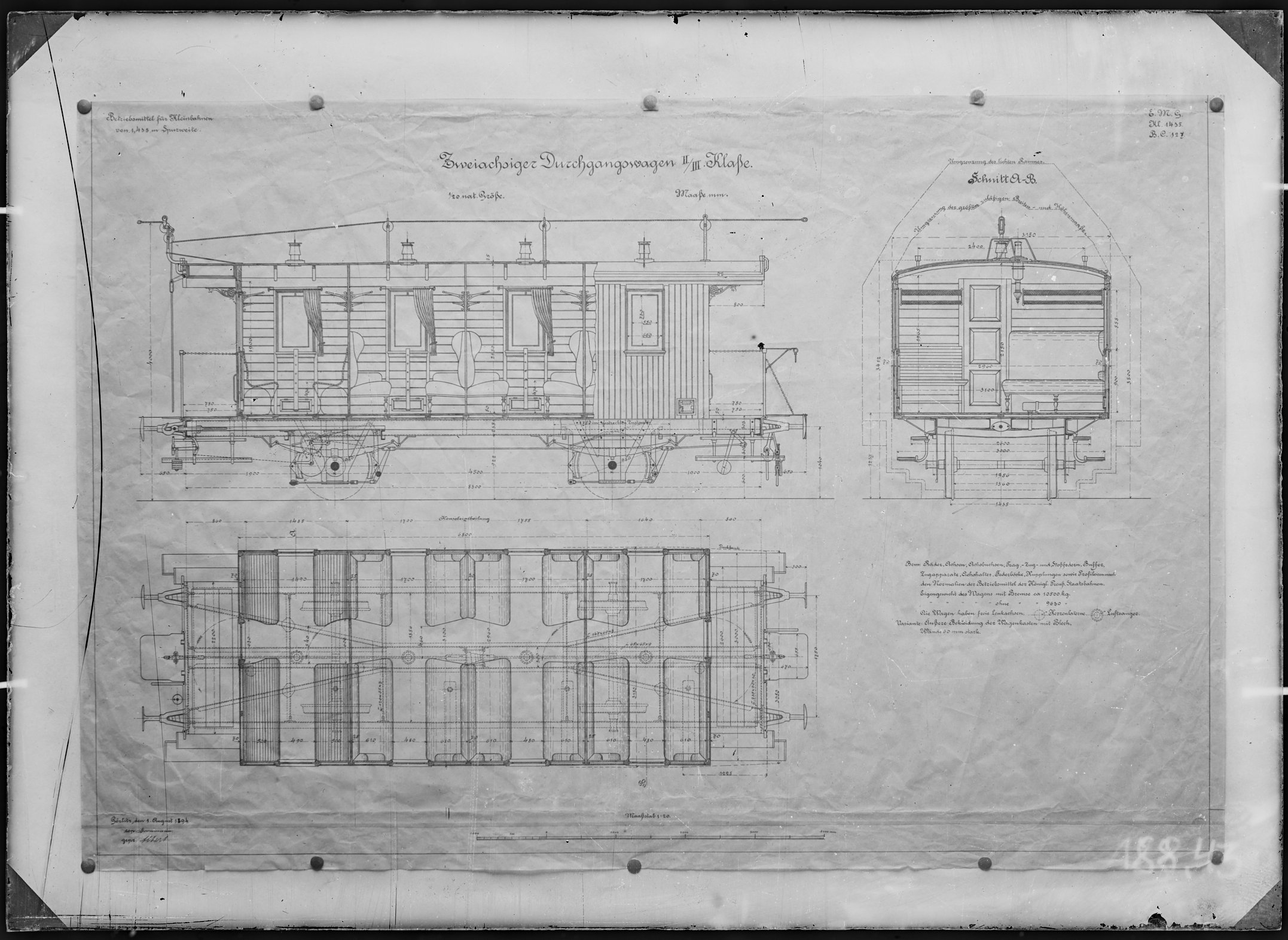 Fotografie: Maßzeichnung eines zweiachsigen Durchgangswagens zweiter/dritter Klasse für Kleinbahn, Maßstab 1:20 (Spurweite: 1435 mm), 1894. (Verkehrsmuseum Dresden CC BY-NC-SA)