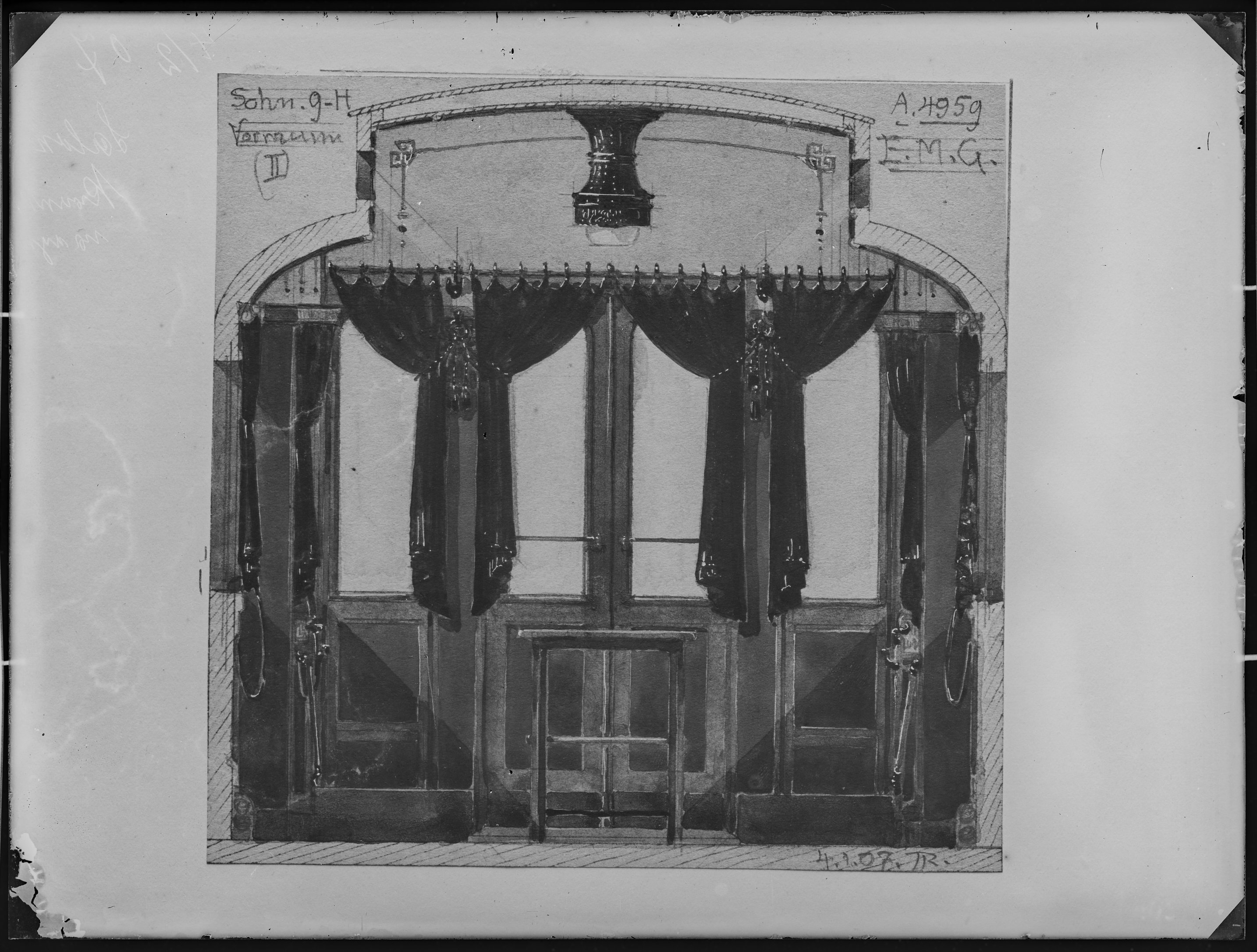 Fotografie: Entwurfszeichnung für sechsachsigen Salonwagen (Innenansicht), Vorraum II, 1907. Königlich Preußische und Großherzoglich Hessische Staatse (Verkehrsmuseum Dresden CC BY-NC-SA)