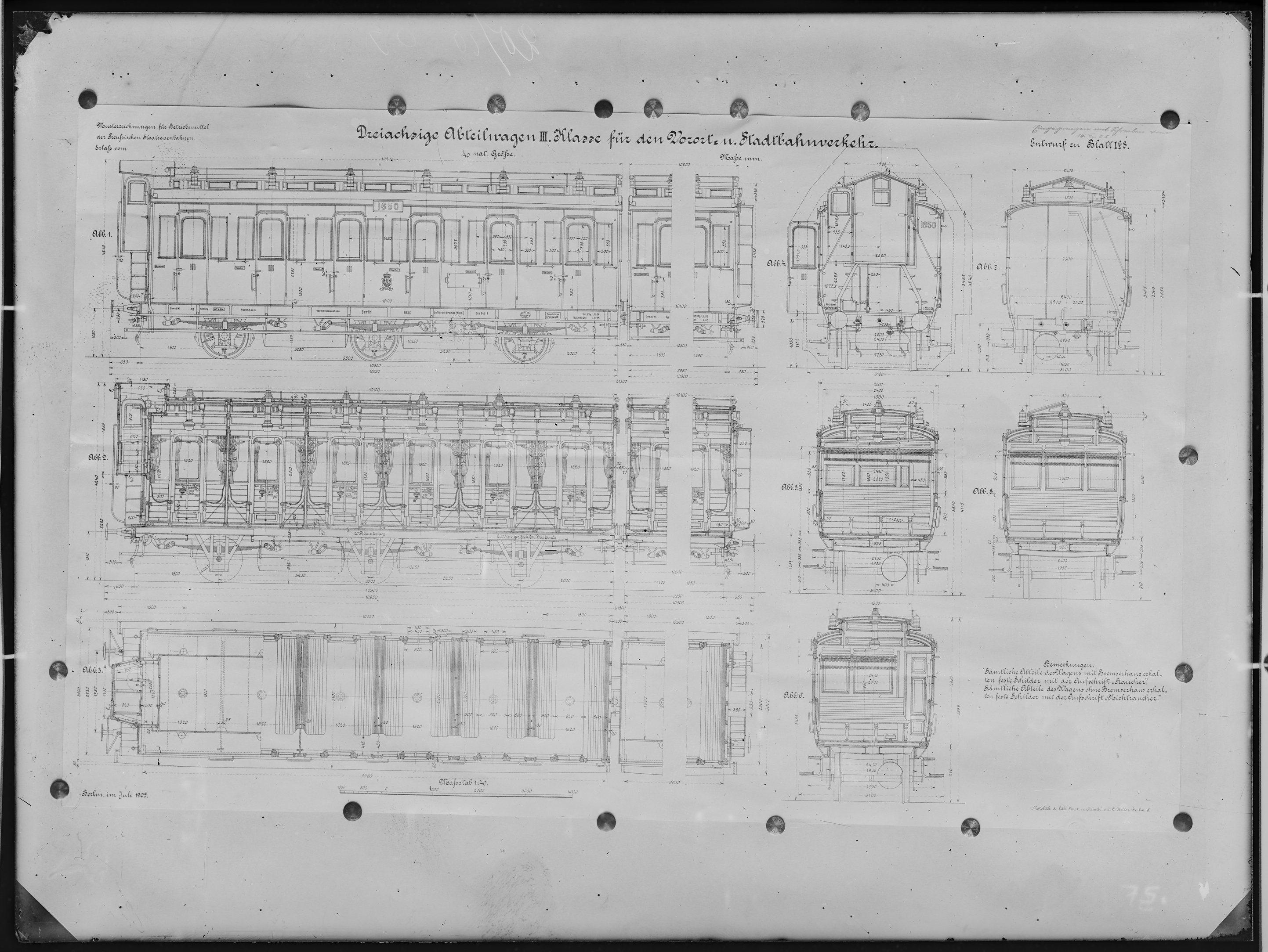Fotografie: Musterzeichnung (Entwurf) der Preußischen Staatseisenbahnen für dreiachsige Abteilwagen dritter Klasse für den Vorort- und Stadtbahnverkeh (Verkehrsmuseum Dresden CC BY-NC-SA)