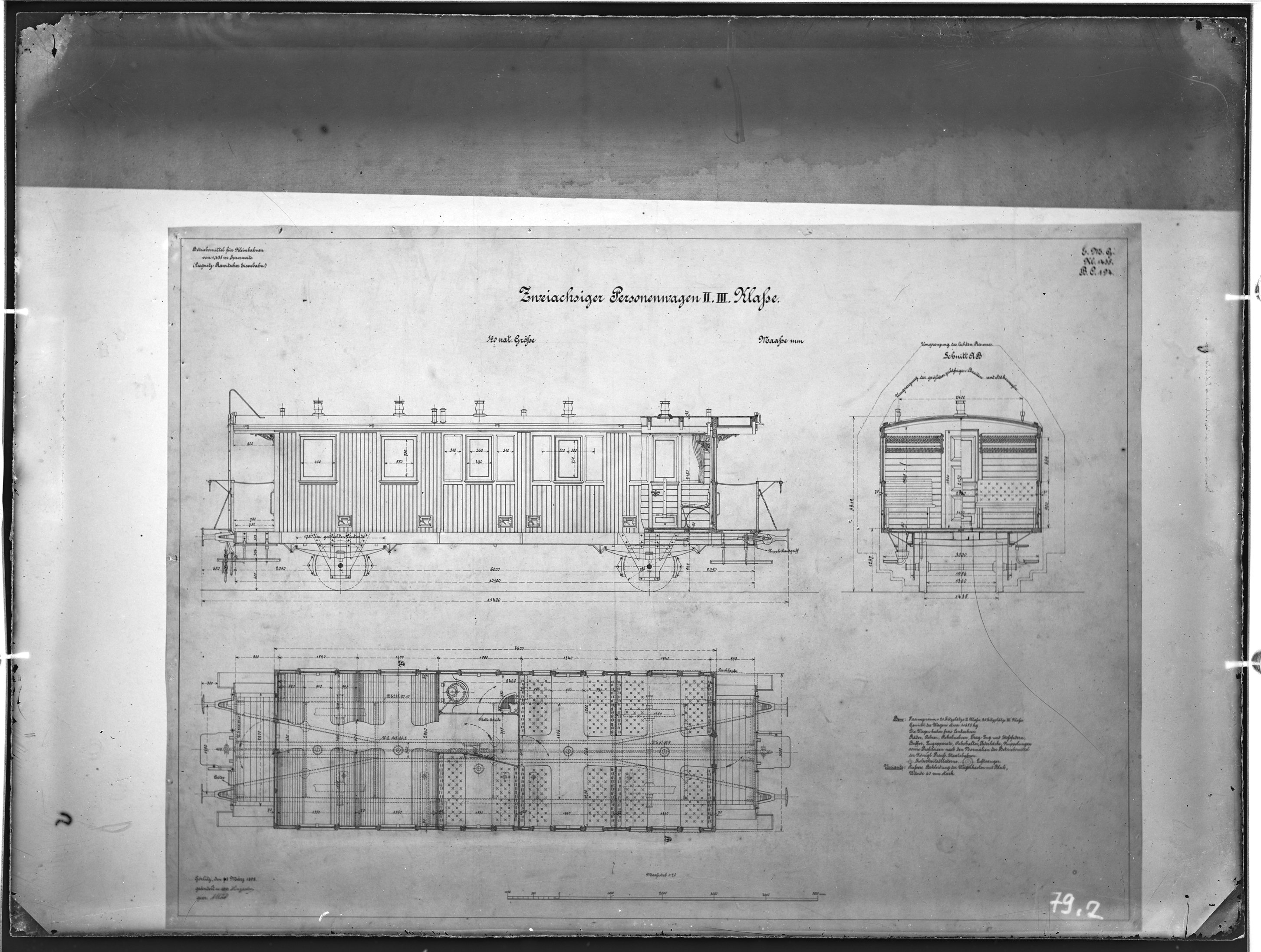 Fotografie: Maßzeichnung eines zweiachsigen Personenwagens zweiter/dritter Klasse, Maßstab 1:20 (Spurweite: 1435 mm), 1898. Liegnitz-Rawitscher Eisenb (Verkehrsmuseum Dresden CC BY-NC-SA)