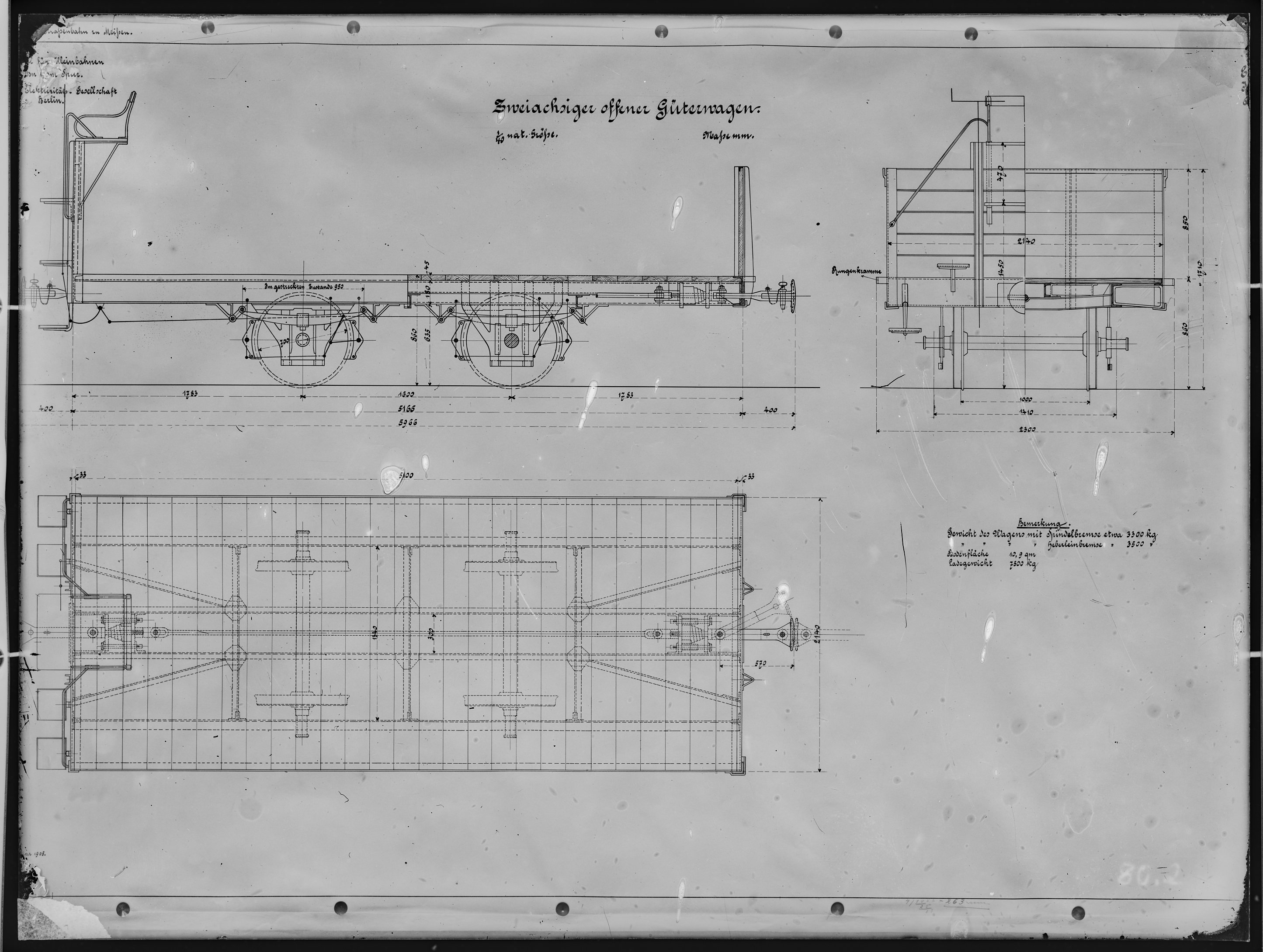 Fotografie: Maßzeichnung eines zweiachsigen offenen Güterwagens mit Bremse für Kleinbahnen (Spurweite: 1000 mm), Maßstab 1:40, 1905. Allgemeine Elektr (Verkehrsmuseum Dresden CC BY-NC-SA)