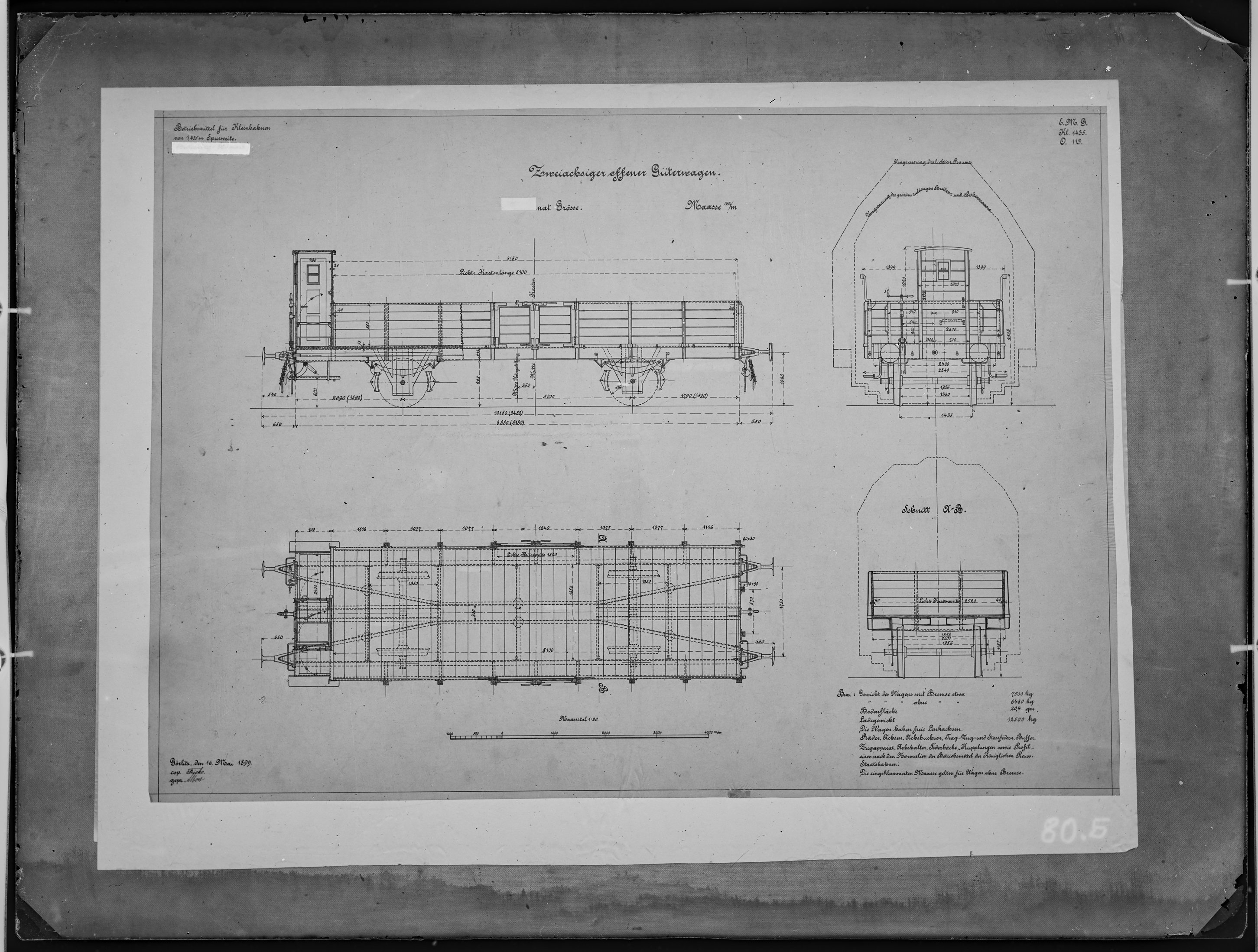 Fotografie: Maßzeichnung eines zweiachsigen offenen Güterwagens mit Bremserhaus für Kleinbahnen (Spurweite: 1435 mm), Maßstab 1:20, 1899. (Verkehrsmuseum Dresden CC BY-NC-SA)